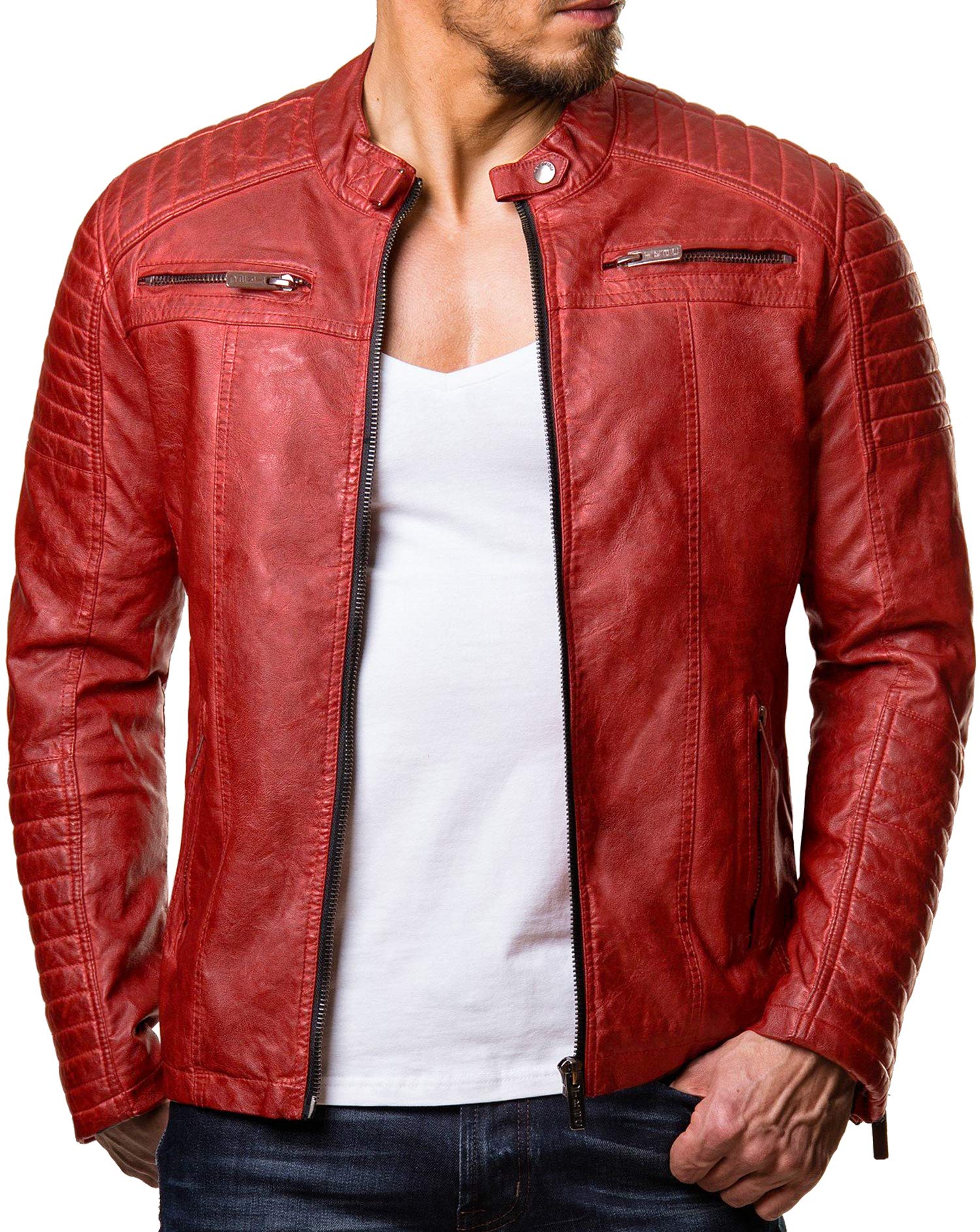 Men's Jacket Slim-Fit Casual Faux Leather Cotton Biker Modern Coats