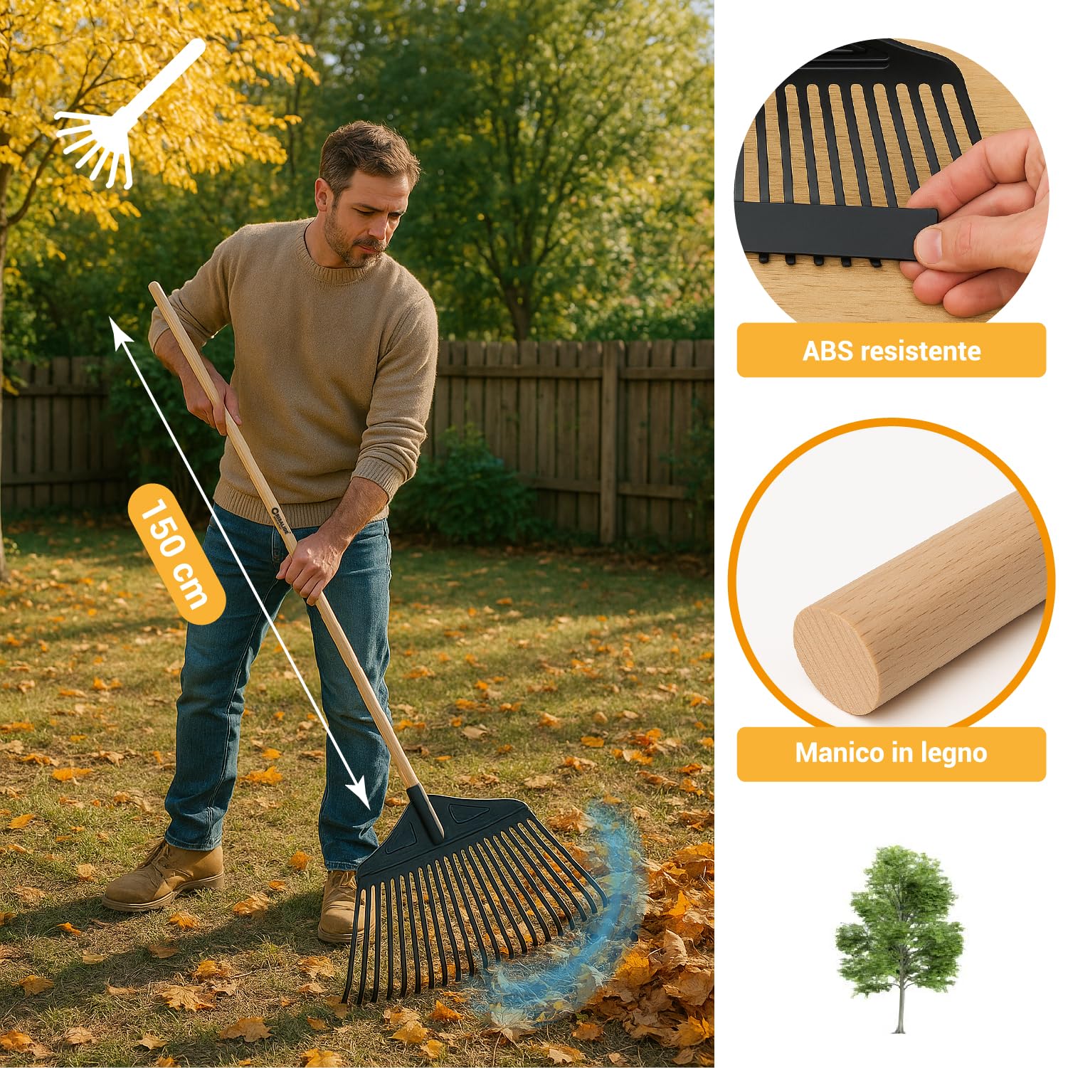 Crisalide® Rastrello da Giardino per Foglie con Manico in Legno 150 cm – Testa Larga in Plastica Flessibile – Ideale per Foglie, Paglia ed Erba – Attrezzo Leggero, Resistente e Maneggevole