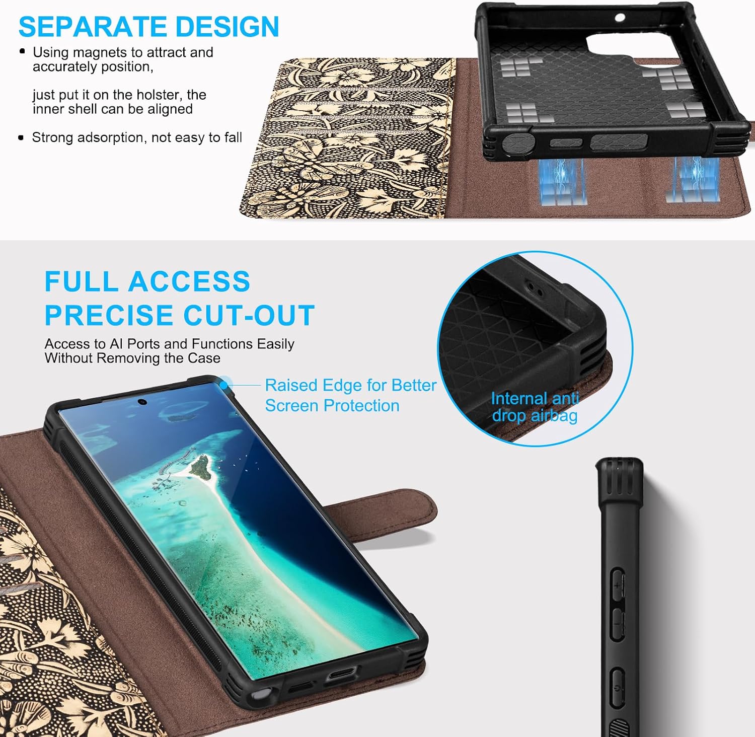 Magnetic Detachable Wallet Case for Samsung Galaxy S25 Ultra, 2-in-1 Genuine Leather Flip Folio Cover with Card Slots RFID Blocking Shockproof Protection - White