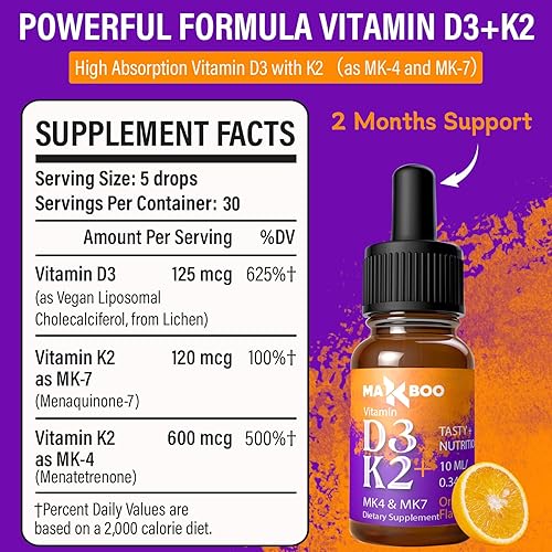 Miniatura 2 de (2 paquetes) Gotas de vitamina D3 K2, vitamina D3 5000 UI y vitamina K2 como MK4 y MK7 - Defensas y absorción más rápida, suplemento de calcio para