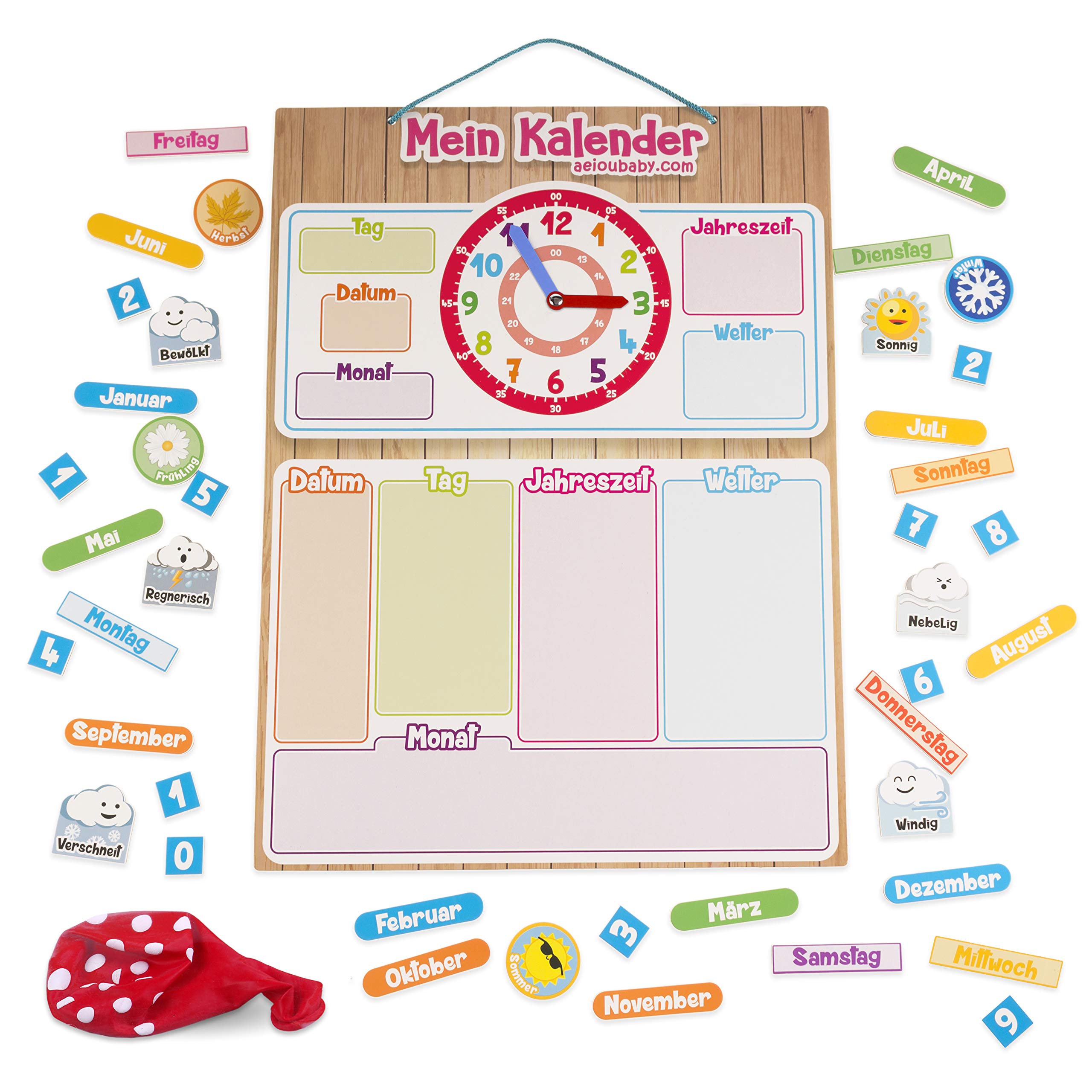 MAGNETISCHE KINDER-KALENDERUHR, Lernspiel Datum Wetter und Zeit für Wand oder Kühlschrank, 43x32cm. Ideale Box als Geschenk zum Kindergeburtstag in der Schule oder im Kindergarten (Deutsch)