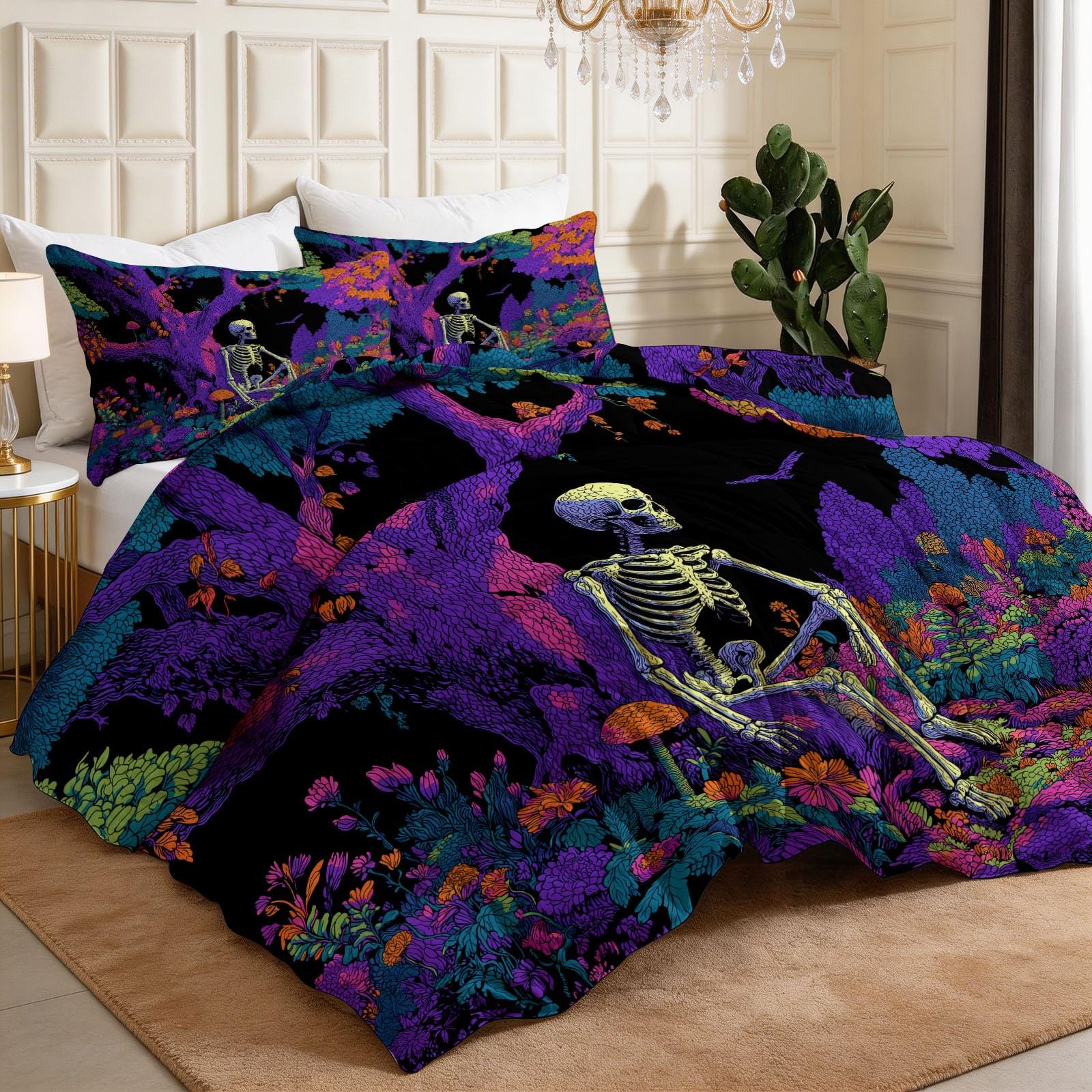Générique Nero 220 x 240 cm Trapunta 4 stagioni floreale gotico cranio tronco albero fiori trapunta estate per letto matrimoniale 2 persone, rami grigio Edredon Legere, reversibile lavabile piumino