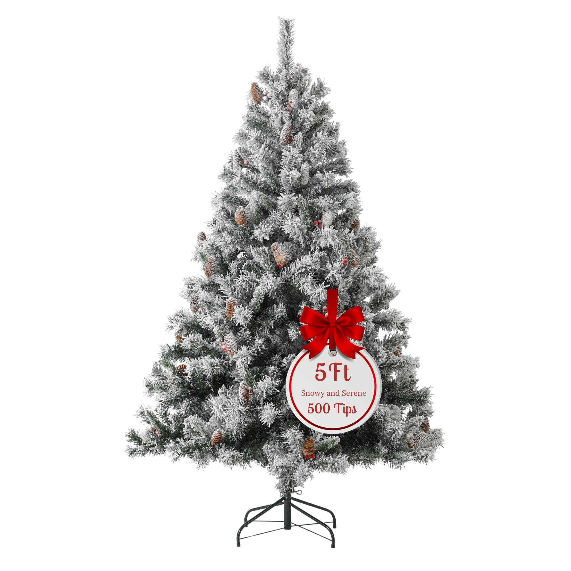 5FT White Snow Flocked Artificial Christmas Tree 500 Tips Xmas Pine Red Berries Metal Stand Fir Spruce Green Small150cm Hinged Branches Realistic Easy Assembly Indoor Holiday Decorations