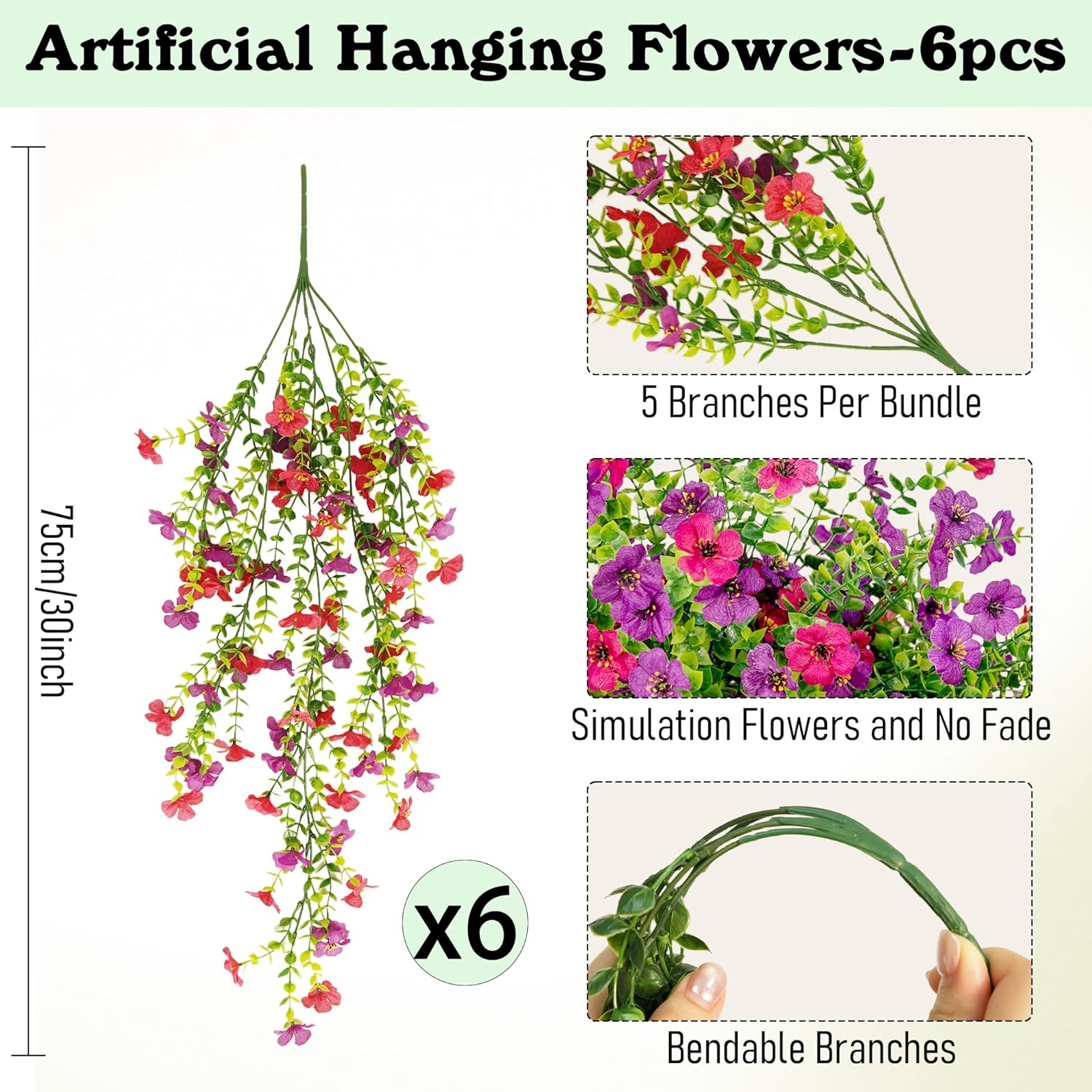 Artificial Fake Hanging Flowers Plants for Outdoors Spring Summer Decoration,6 PCS Faux Flowers Plants Silk UV Resistant Realistic for Outside Planter Garden Porch Patio Balcony Home（Purple Fuchsia）