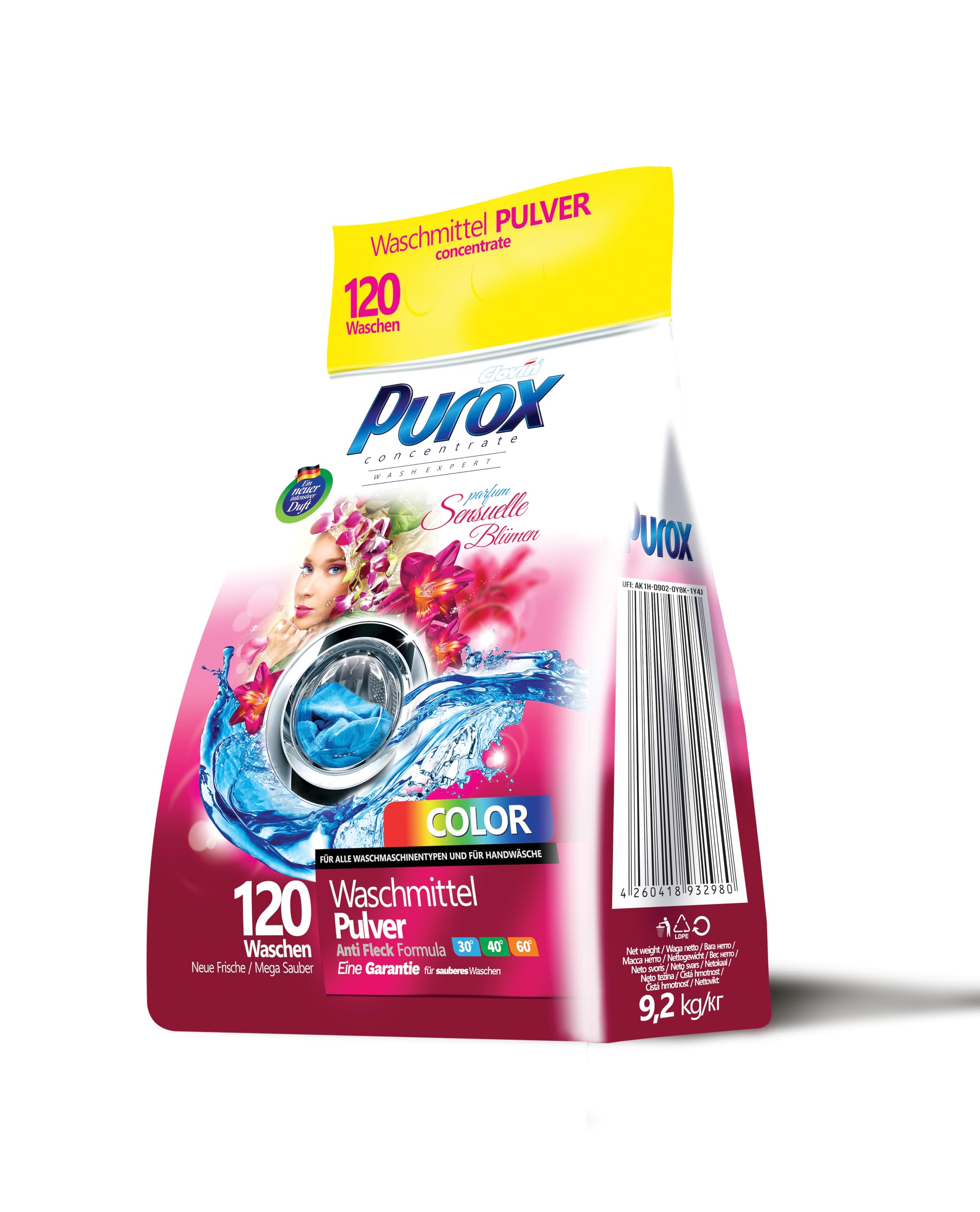 PUROX COLOR Detergente Lavadora Polvo Sensuelle Flores en bolsa (120 Lavados) – para tejidos de color, con aroma floral, elimina manchas, ecológico, protege contra la cal, 9,2 kg