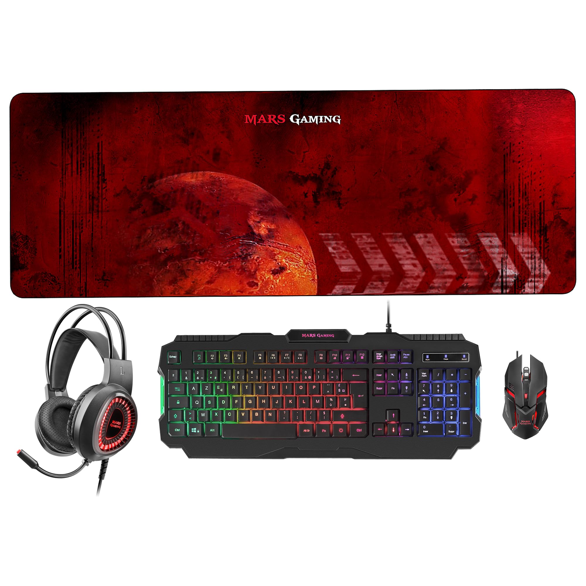 Mars Gaming MCPRGB2FR, Lingua Francese, Combo Gaming Tastiera, Mouse, XXL Mousepad & Headset