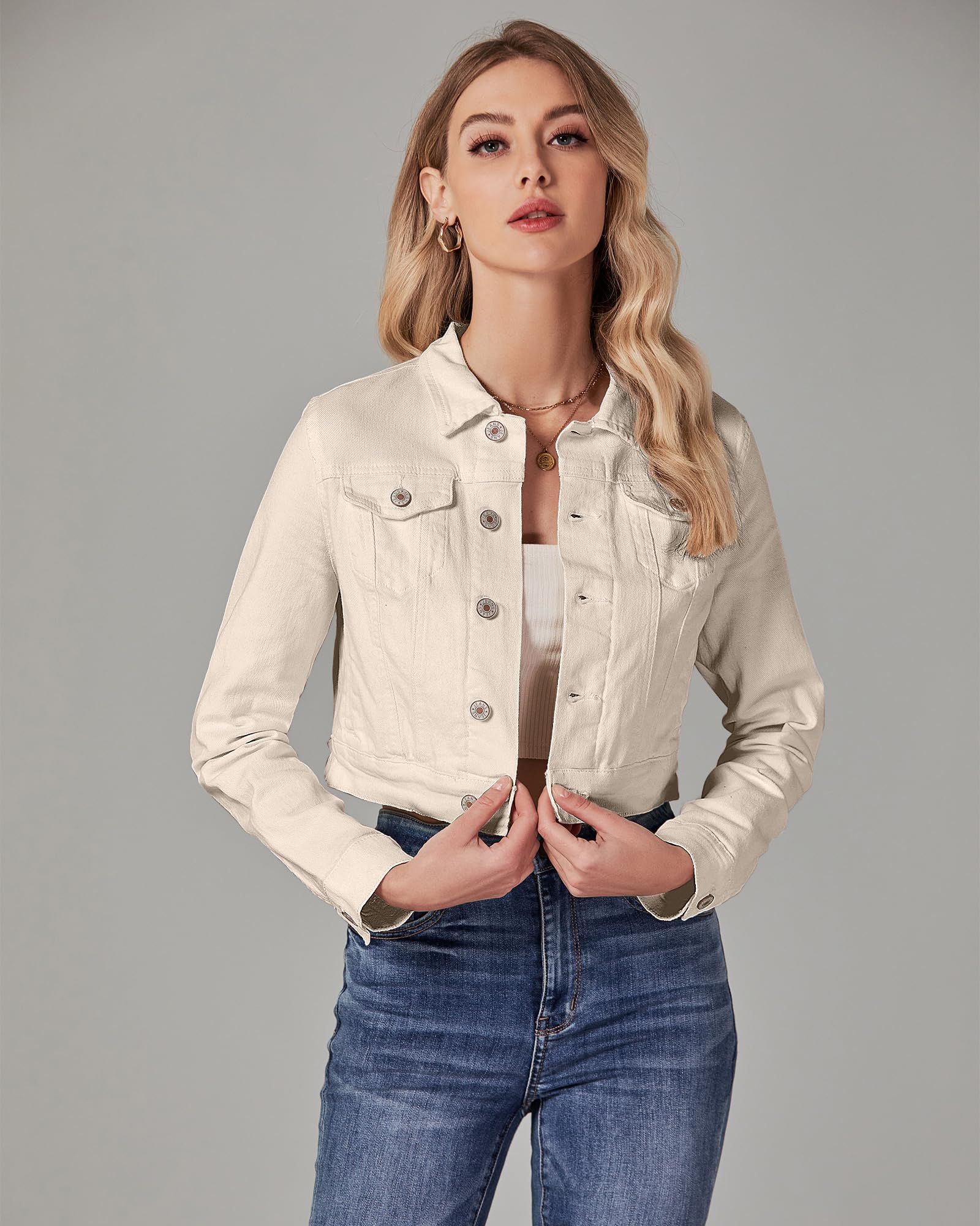 Roskiky Cropped Jean Jacke Damen Fashion Short Denim Shacket Jacke Leicht geschnitten Stretch mit Taschen
