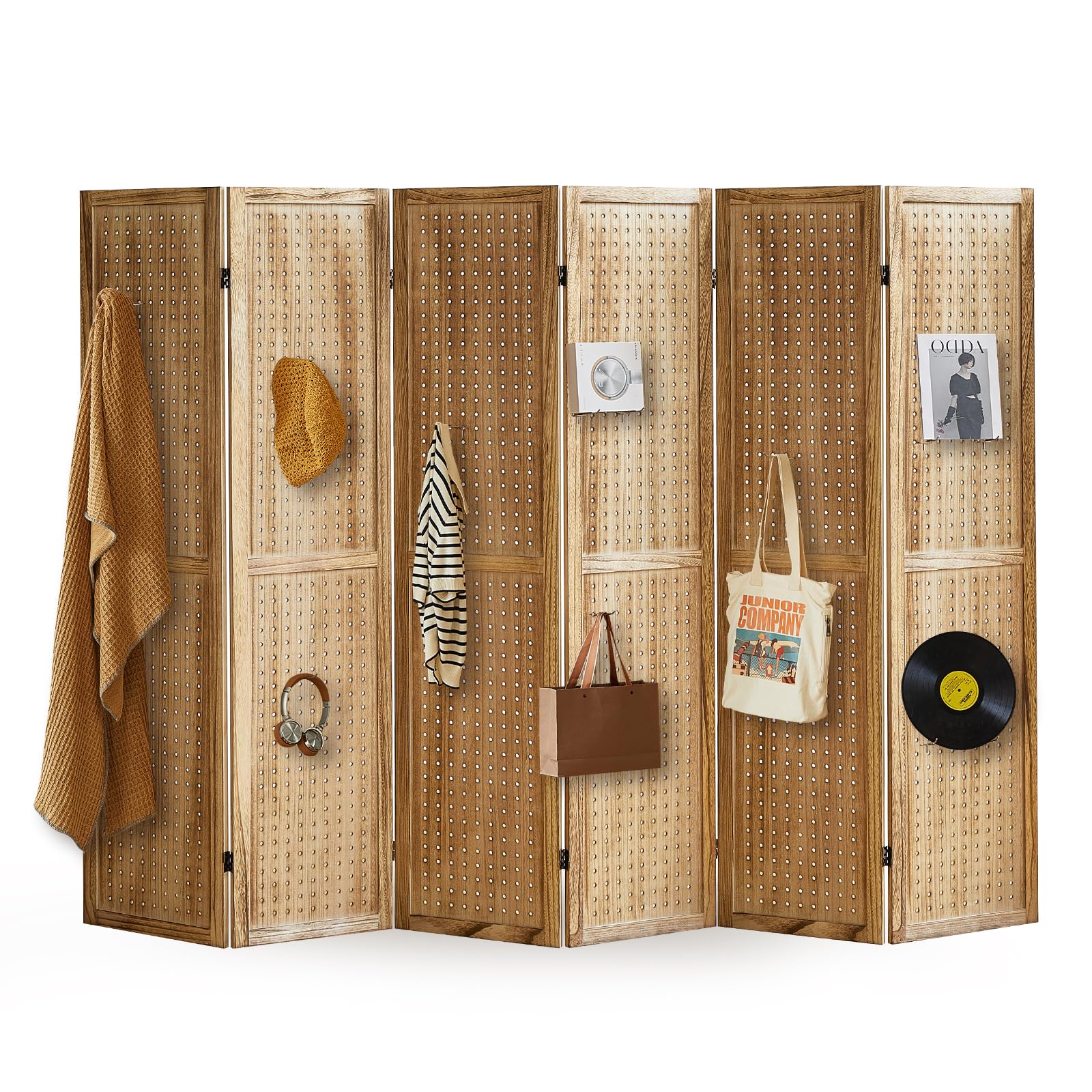 Aleesing 6 Panel Pegboard Display with 24 Hooks, Pegboard Room Divider and Folding Privacy Screens, Partition Room dividers, Wooden Room Divider Wall,