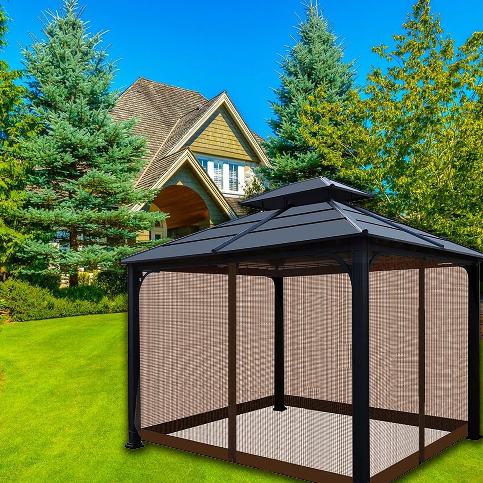 Mosquitera para cenador de 3 x 3 m, 4 Paneles, Pantalla de Repuesto Universal, mosquitera con Cremalleras Dobles, protección Impermeable para Exteriores (Solo Red) (café, 10 * 10FT)
