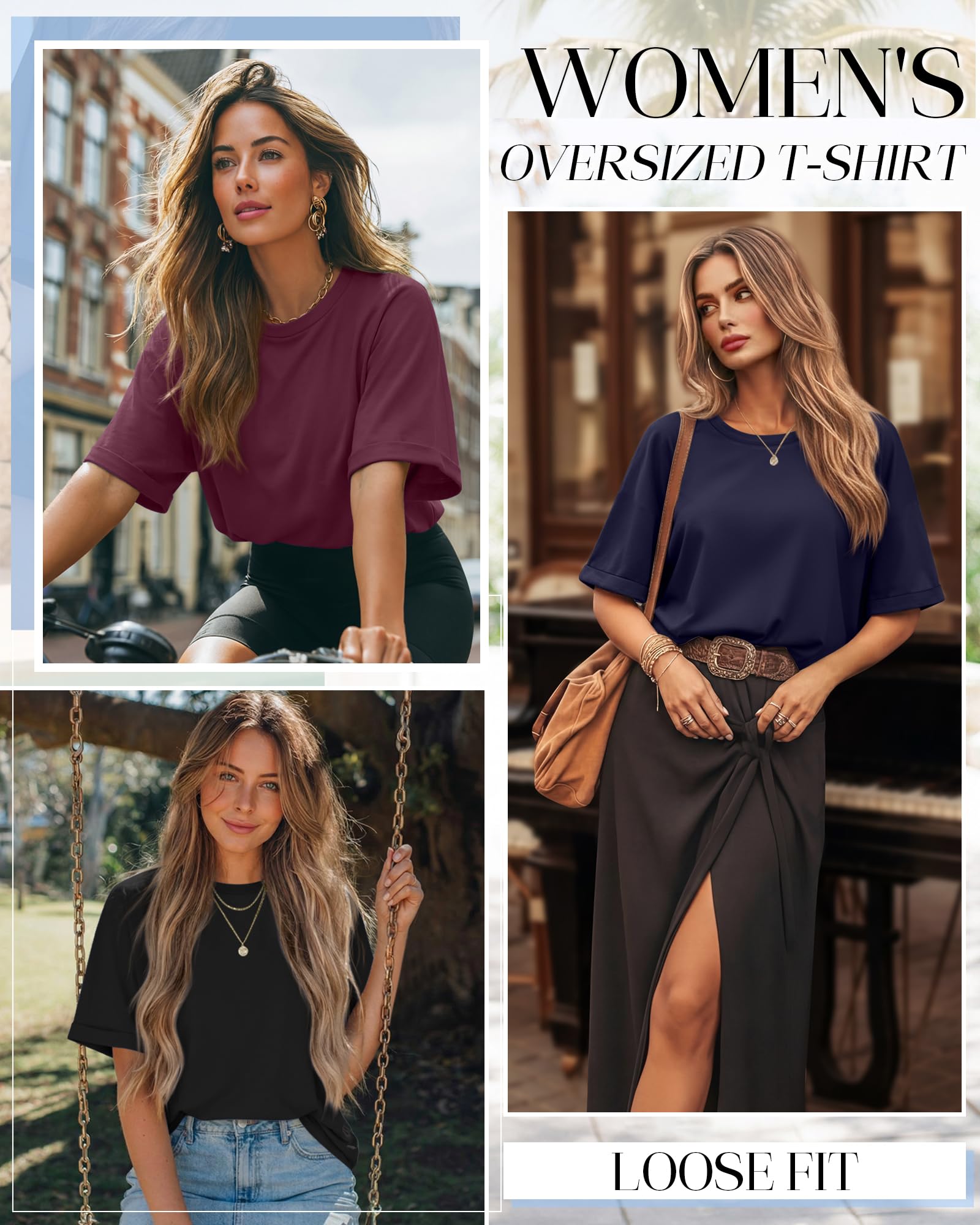 Riyiper 3er-Pack Damen-Oversize-T-Shirts, Kurzarm-Sommer-T-Shirts, Lässige, Lockere Passform, Rundhalsausschnitt, Basic-Tops