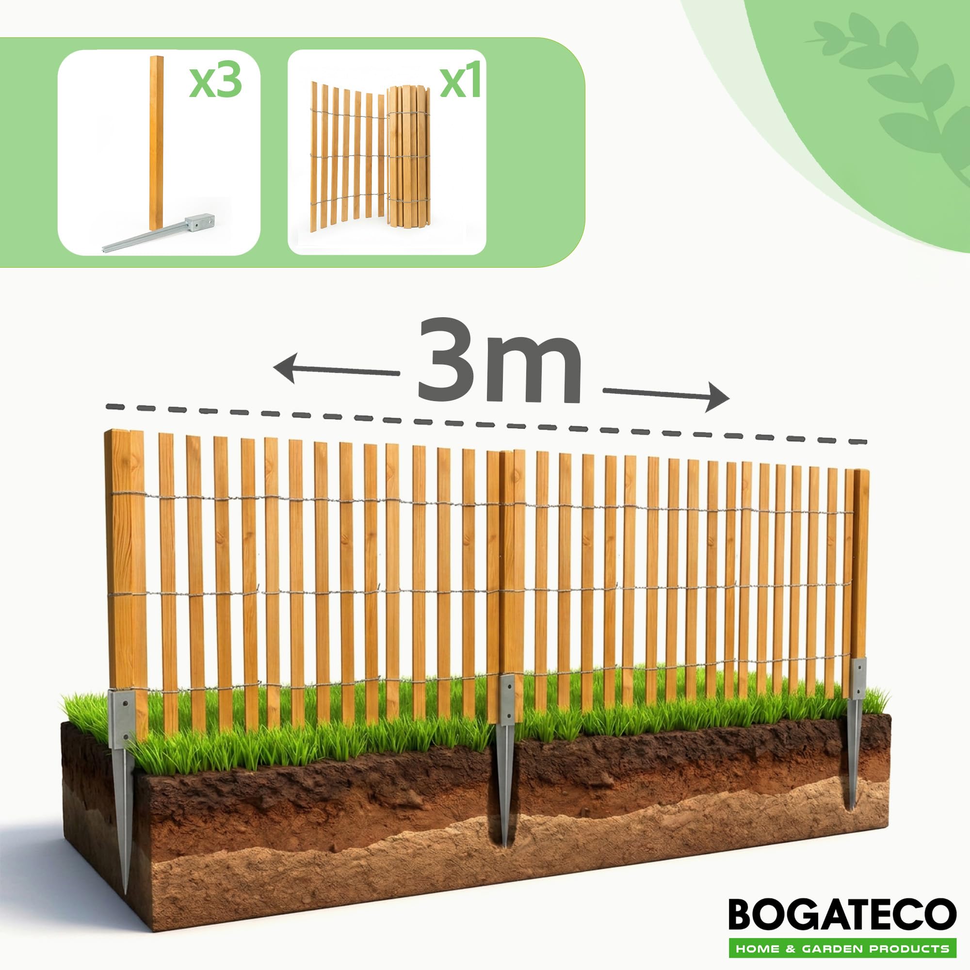 BOGATECO Lot de 6 poteaux de clôture en bois imprégné - 100 x 5 x 5 cm - Poteaux carrés avec tête plate - Avec manchon de sol à enfoncement - Bois équarri - Marron clair