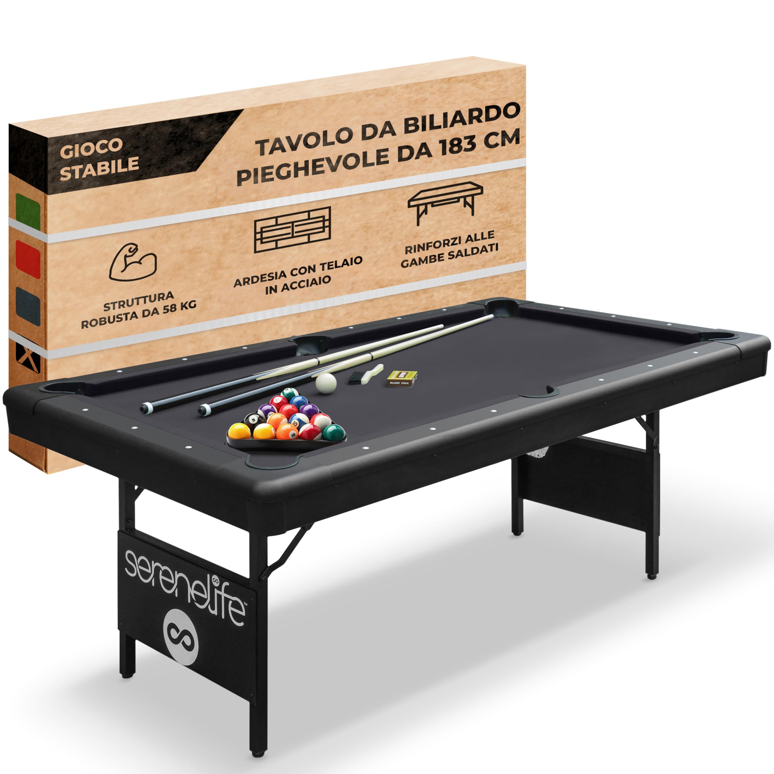 SereneLife Pieghevole da 6 Piedi – Portatile – Include 2 Cue, Set Completo di Palle, Gesso, Spazzola – Pieghevole per Bambini e Adulti (Nero)