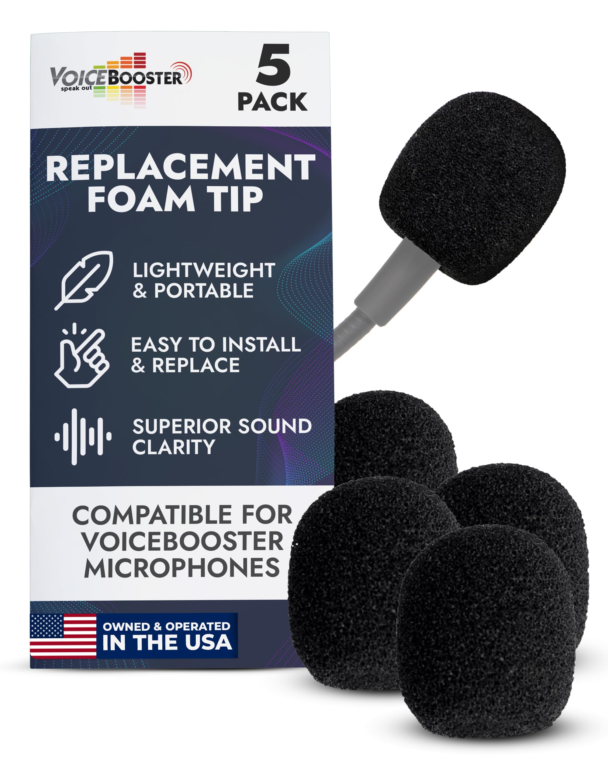 Set of 5 Replacement Foam Tip for VoiceBooster & Aker Microphones – Mic Foam Tip Covers for 1/2-Inch Headset & Tie-Clip Mics – Noise-Reducing Windsocks for Voice Amplifier
