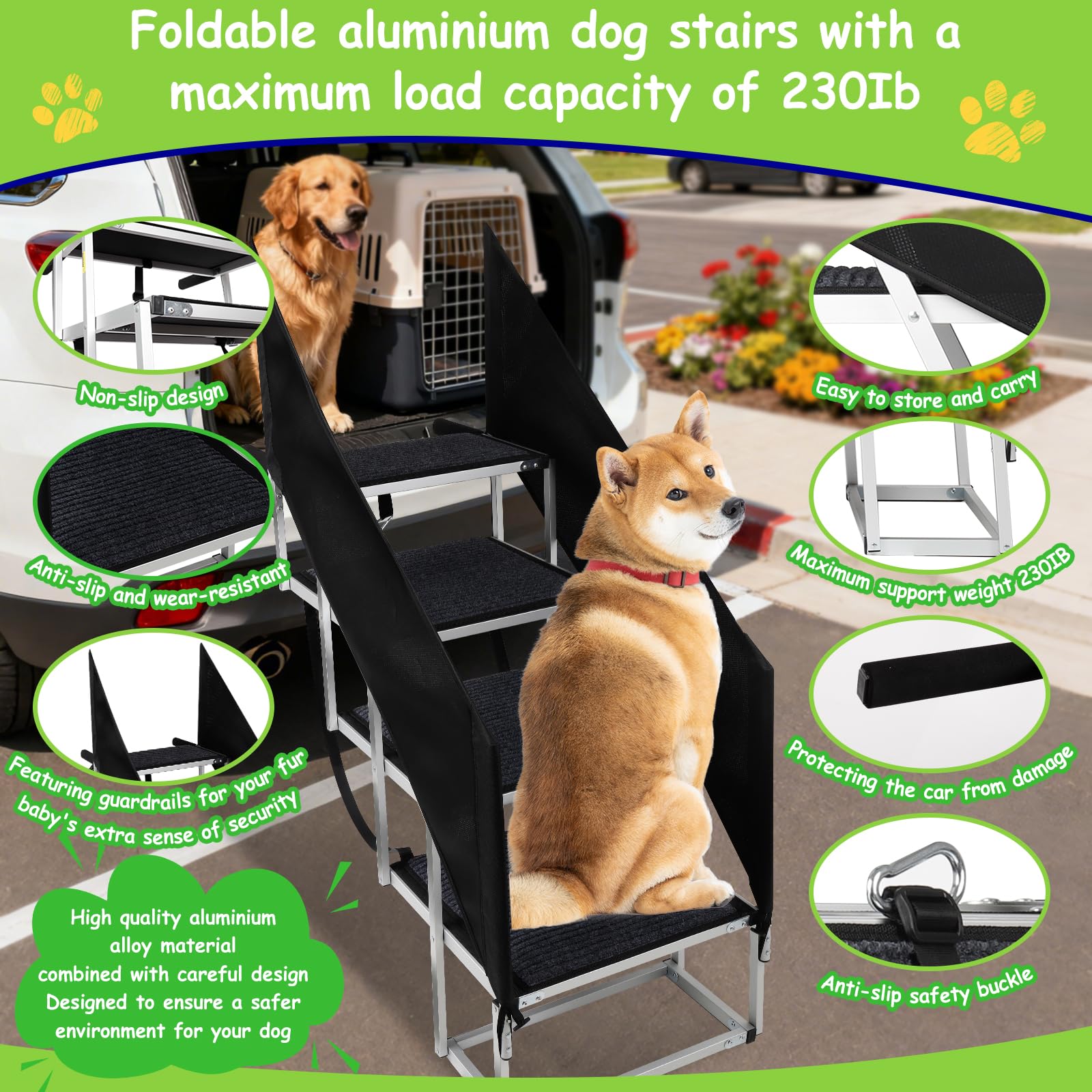 Escaleras para perros con barandilla para perros grandes, escalón extra ancho de 20 pulgadas, superficie antideslizante de 4 escalones de 34 pulgadas, soporta hasta 230 libras, diseñada para SUV de