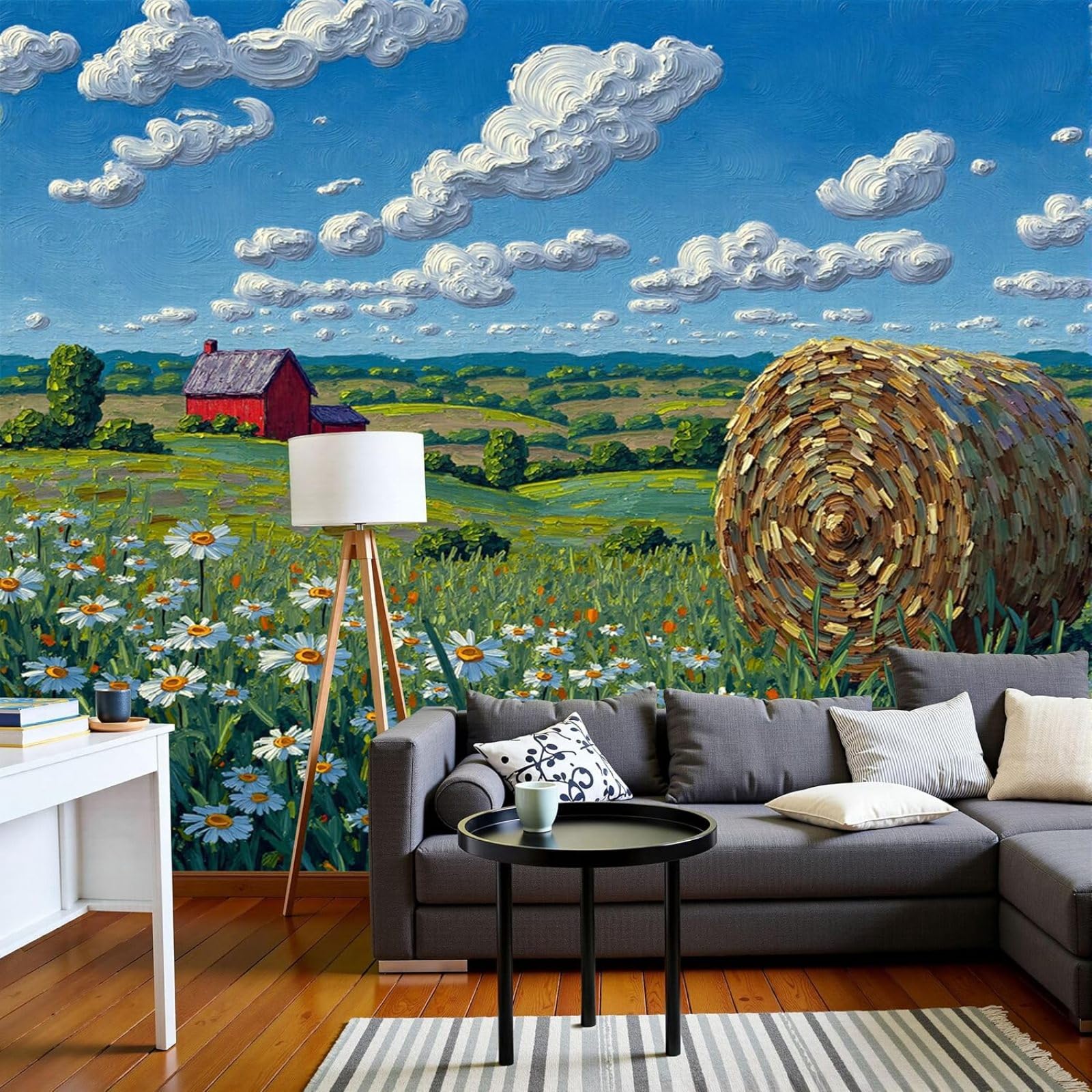 Photo wallpaper farmhouse daisies landscape oil painting non-woven wallpaper modern living room bedroom green XL wall decoration motif, 400cm x 280cm stickers - frameless painting - poster