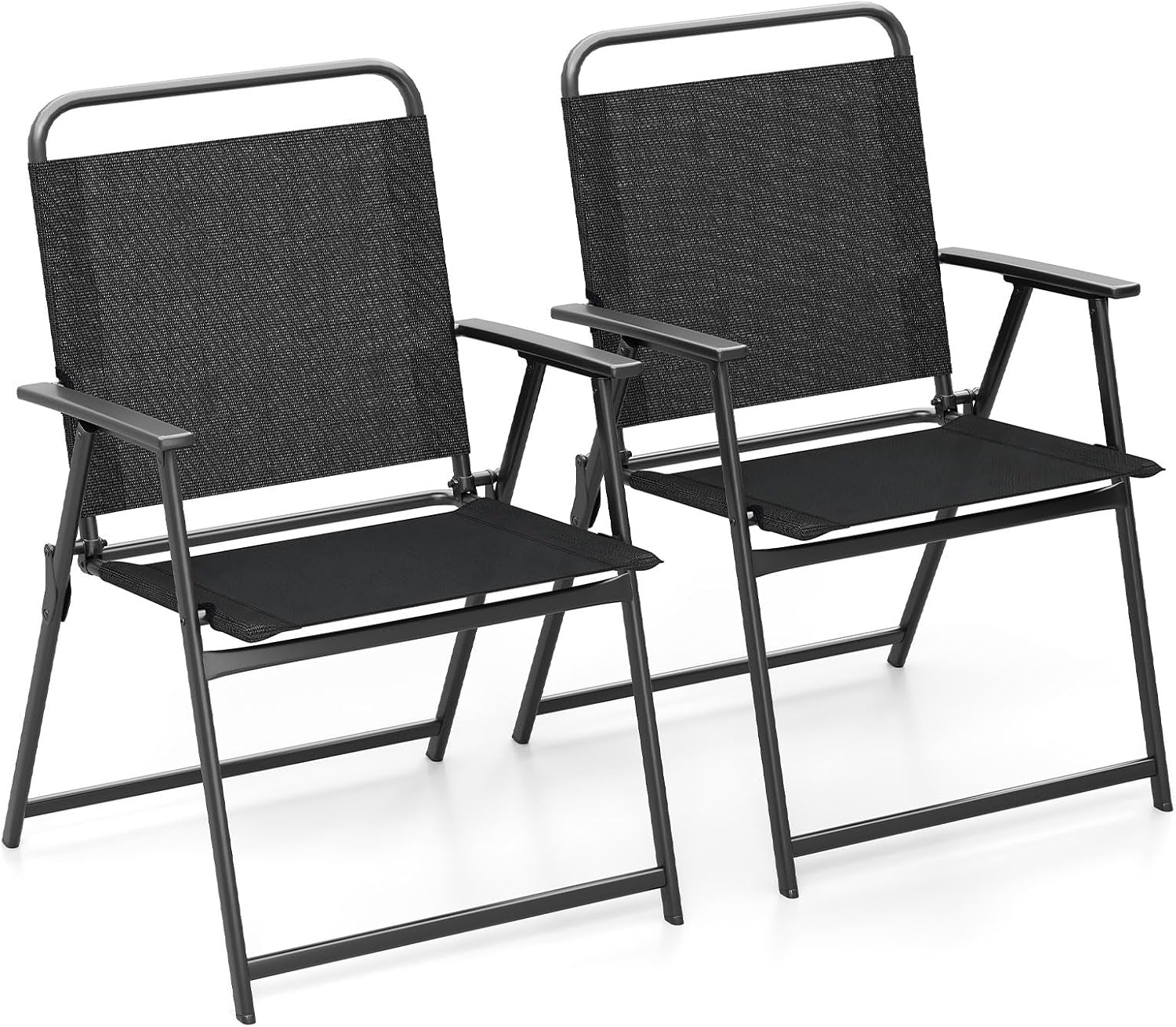 Tangkula Outdoor Folding Chairs Set of 2, Patio Dining Chairs with Breathable Fabric Seat & Cozy Armrests, Heavy-Duty Metal Frame, Portable Lawn Chairs for Backyard, Porch, Camping (2, Black)