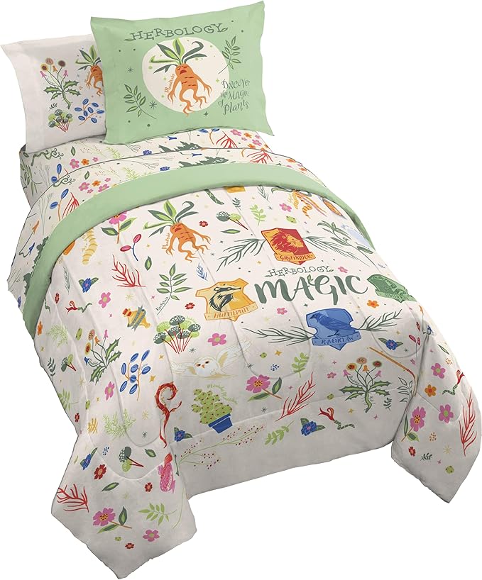 Jay Franco Harry Potter Twin Size Comforter Set - 5 Piece Bedding Includes Sheet Set & Pillow Covers - Super Soft Hogwarts Herbology Bedding