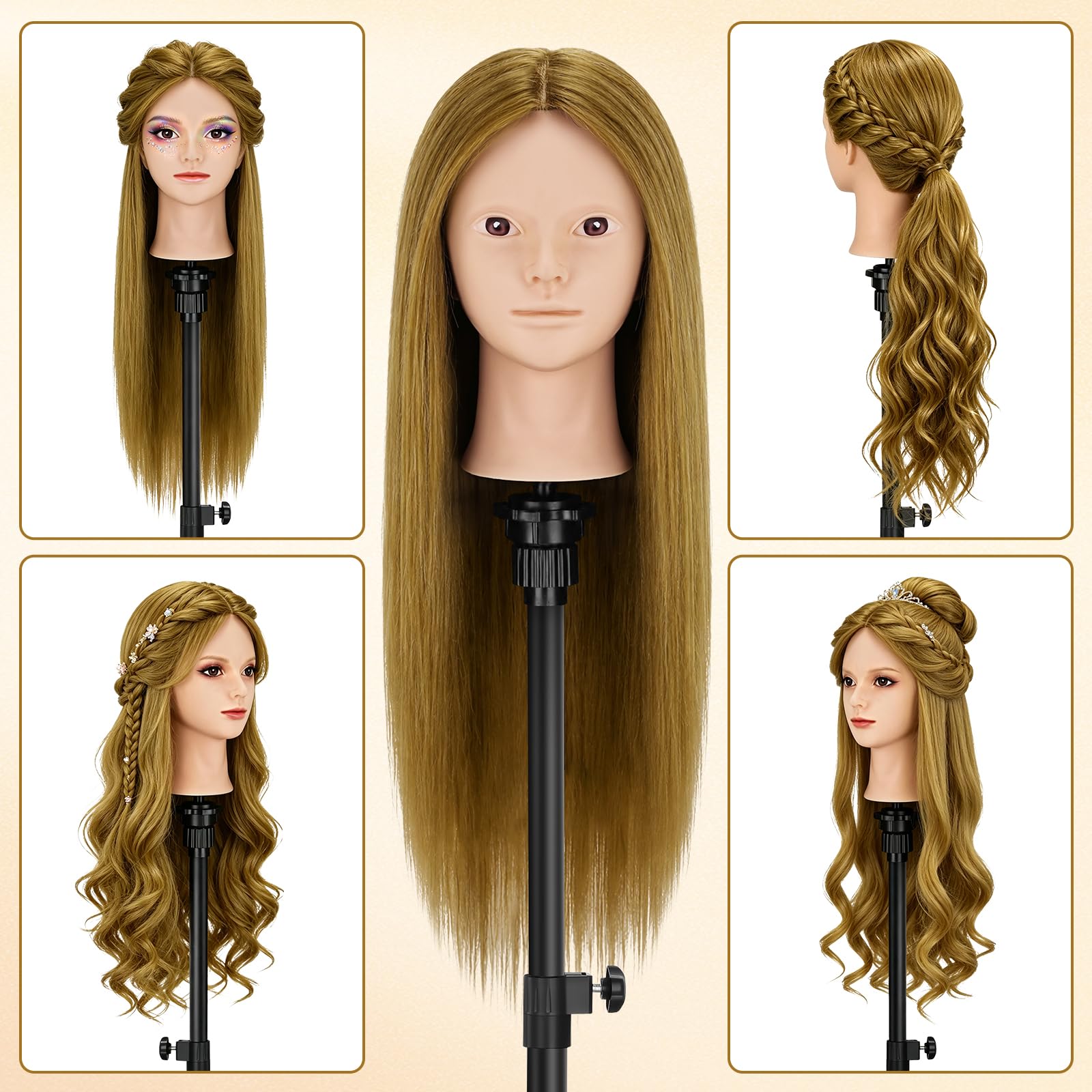 TwoWin Testa Parrucchiere 26 Pollici 66 cm Capelli Veri 80% Marrone dorato