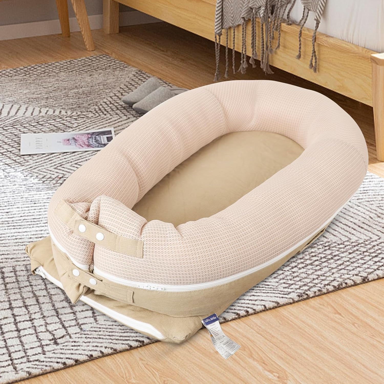 Baby Lounger, Deluxe Infant Lounger, Baby Nest Cover for Baby, Breathable Cotton, Adjustable Baby Floor Seat for Tummy Time, Newborn Essentials for Baby 0-12 Months (Khaki) - Image 7