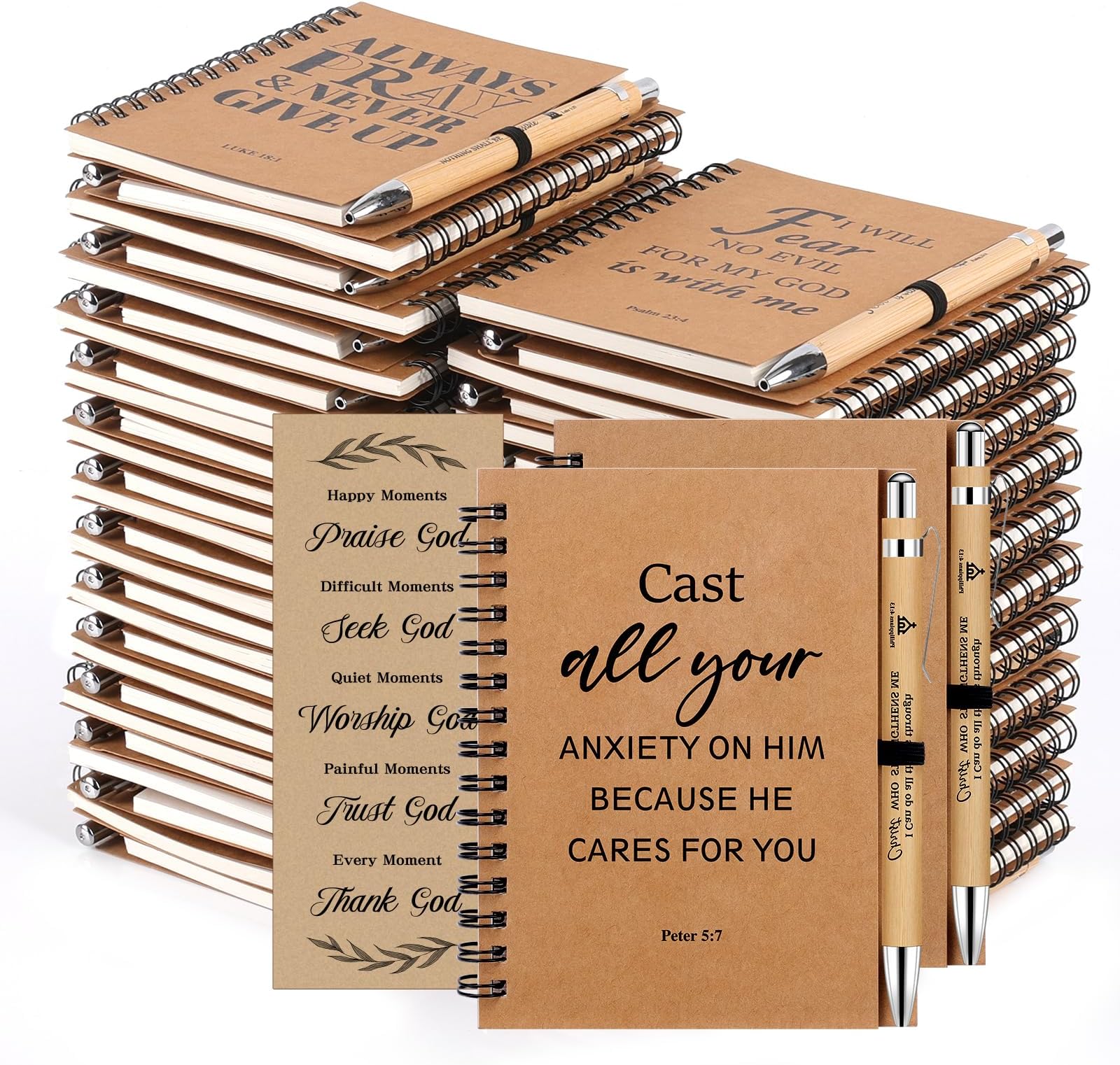 NEOACT 150 Pcs/50 Set Christian Gifts Bulk,Spiral Notebook with Bible Ballpoint Pen and Christian Bookmark,Prayer Journal Christmas Gifts for Staffs Coworkers Teachers Church Members & Pastor