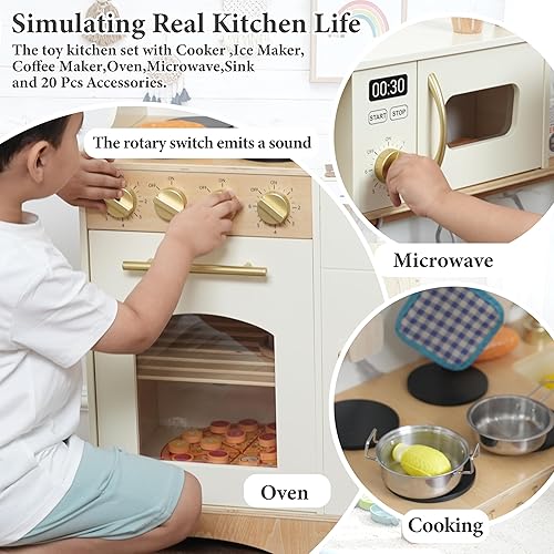 Miniatura 3 de Play Kitchen set for kids and Toddlers with Realistic ICE Maker & Sounds,Wooden Toy Kitchen Set with 20 Accessories, Interactive Learning Toy for