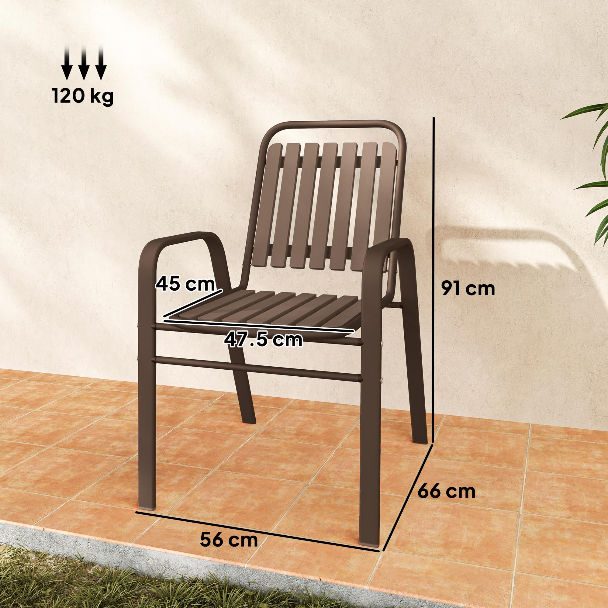 Outsunny Set 4 Sedie da Giardino Impilabili con Schienale Alto e Braccioli, Sedie da Esterno in Plastica PP e Acciaio, da Patio, Balcone, Terrazza, Esterno e Interno, 56x66x91 cm, Marrone Scuro