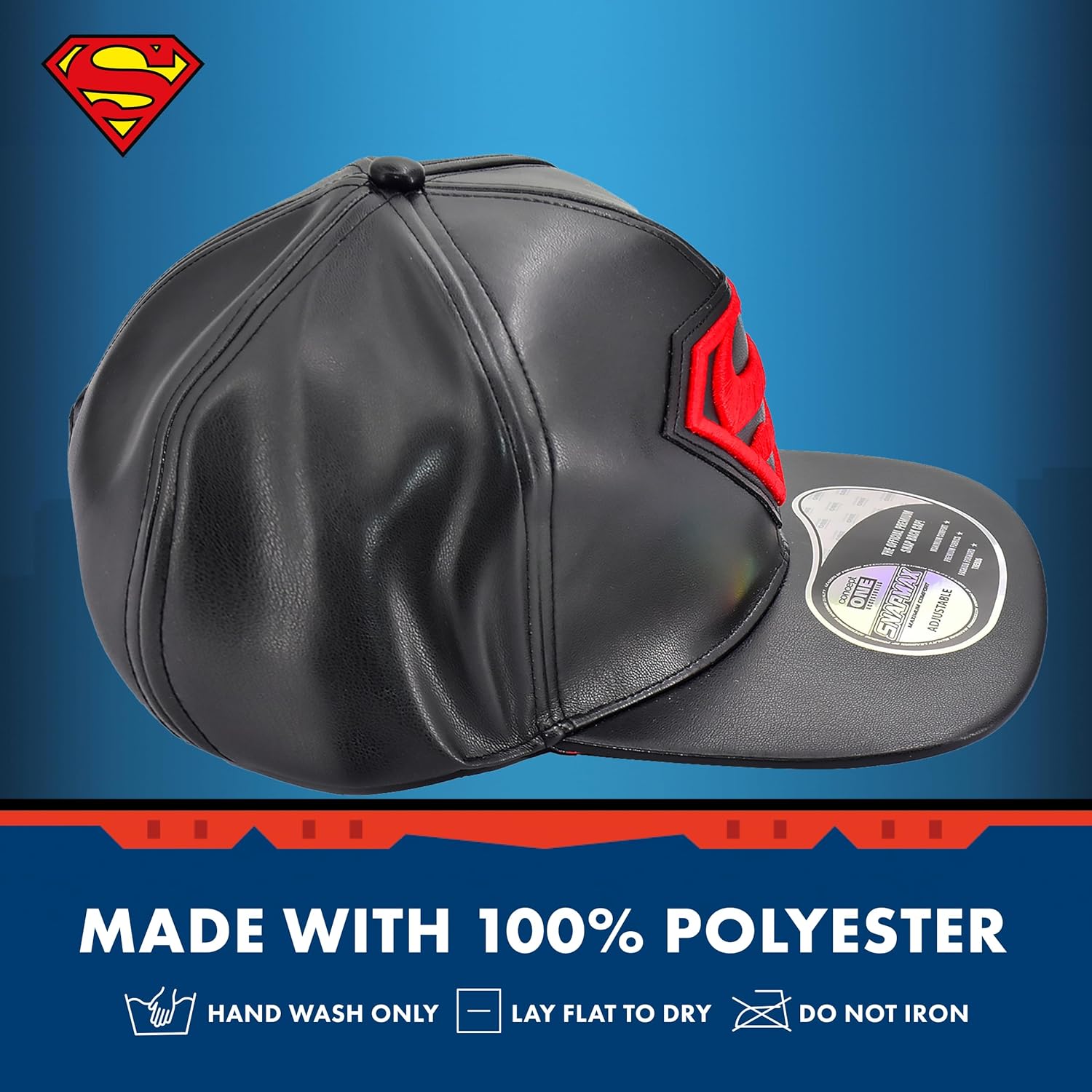 DC Comics Superman Baseball Cap, Adult Adjustable Snapback Hat with Flat Brim for Men and Women, Embroidered Shield Logo, Black, One Size - Image 6