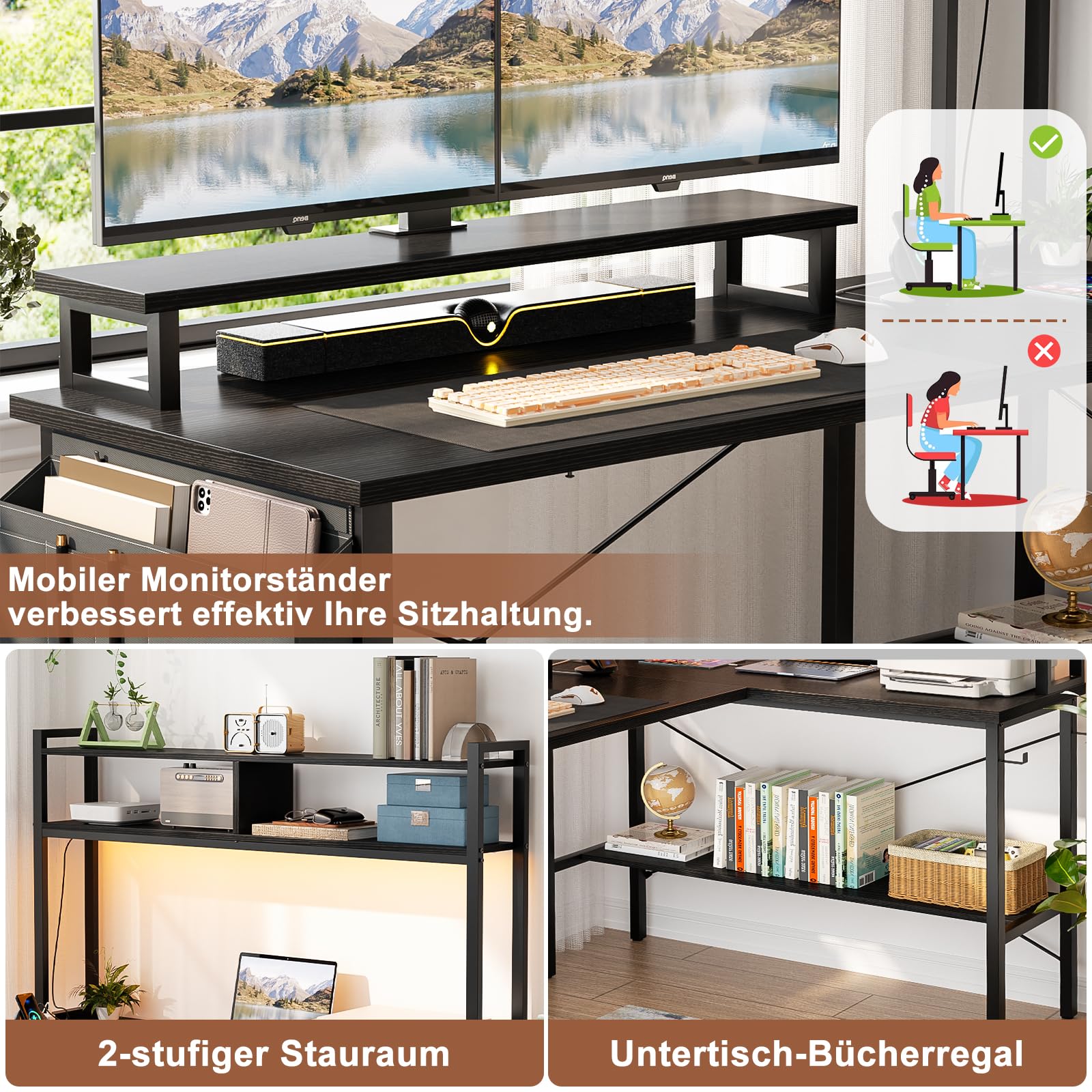 iSunirm L-förmiger Gaming-Schreibtisch mit Steckdosen und LED-Leuchten, Kleiner L-förmiger Schreibtisch, Computer-Eckschreibtisch mit Monitorständer und Ablage, mit Aufbewahrungstasche, Schwarz