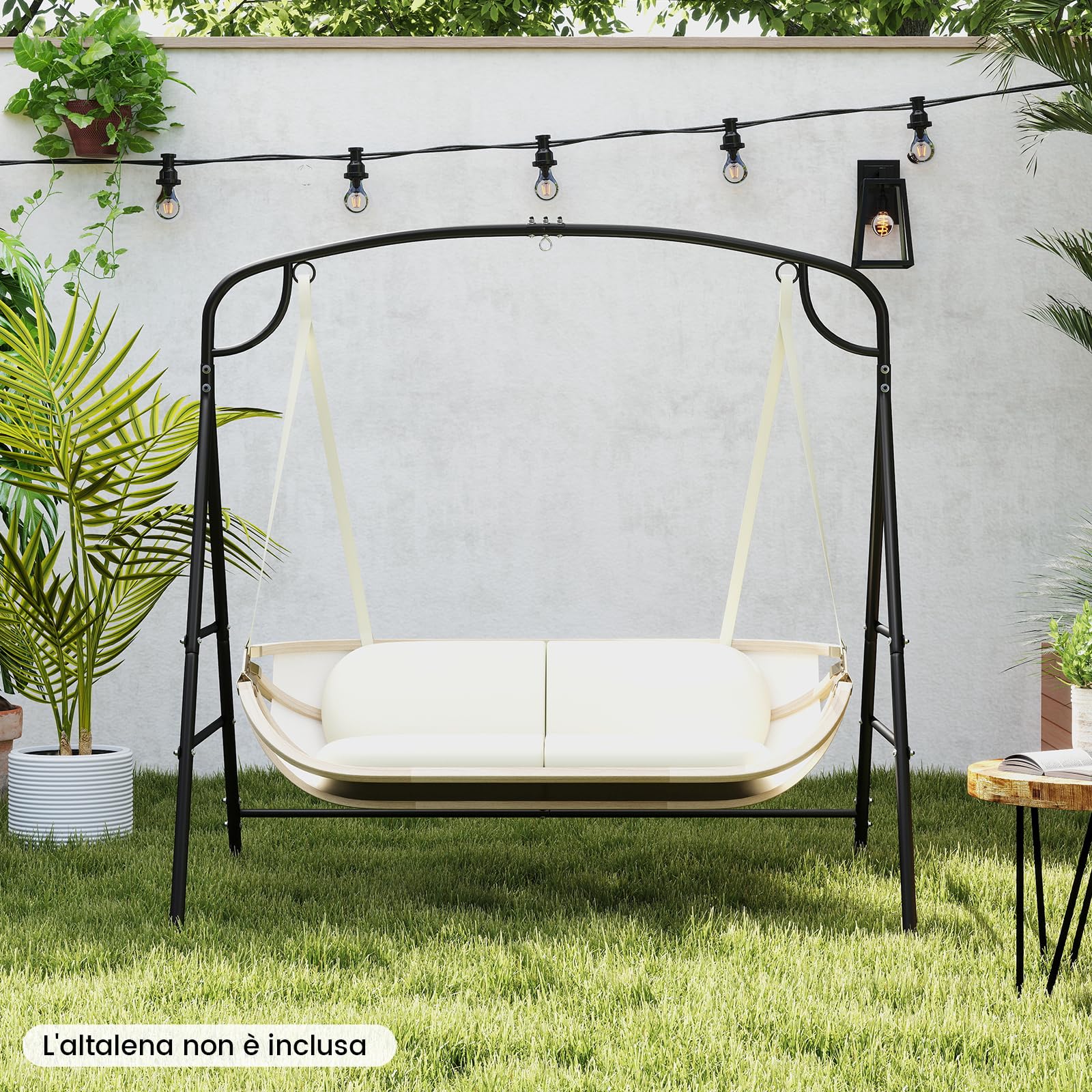 COSTWAY Supporto per Altalena in Metallo, Struttura per Altalena con Doppie Barre Laterali e Design a 2 Anelli, Struttura a Forma di A, Portata 300 kg (Con anello centrale)