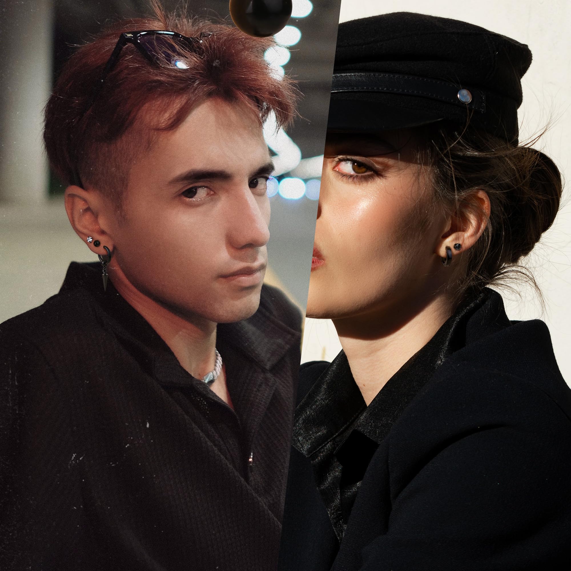 Dochais Orecchini Uomo Acciaio Inossidabile Orecchini a Cerchio Orecchini Pendenti con Croce Piercing Cartilage Zirconi Orecchini Set Punk Orecchino Nero per Uomo Donna