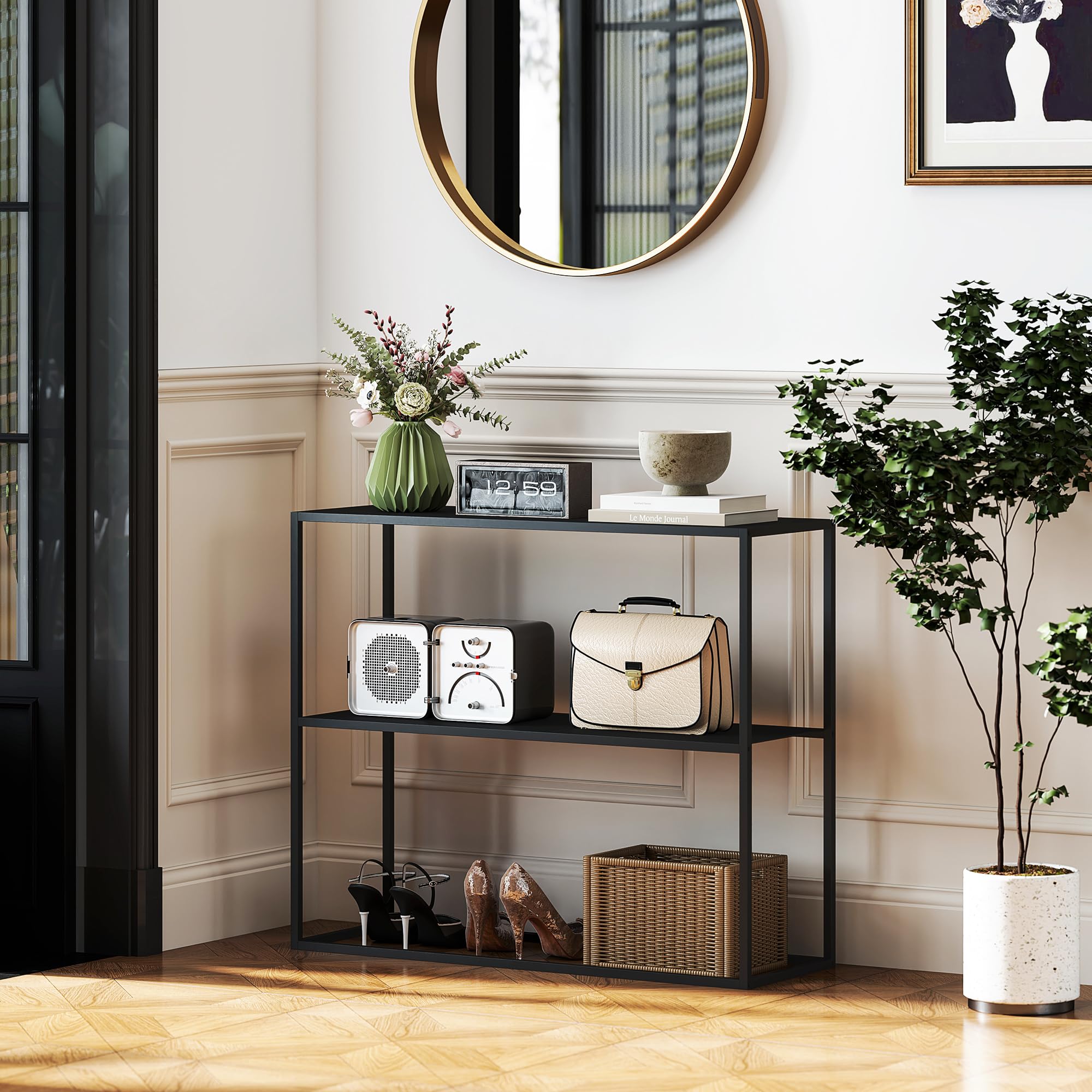 HOMCOM Mesa de Consola Estilo Industrial Mueble de Recibidor con Estante y Marco de Acero Antivuelco Carga 20 kg Mesa de Entrada para Sala de Estar Pasillo 90x30x75 cm Negro