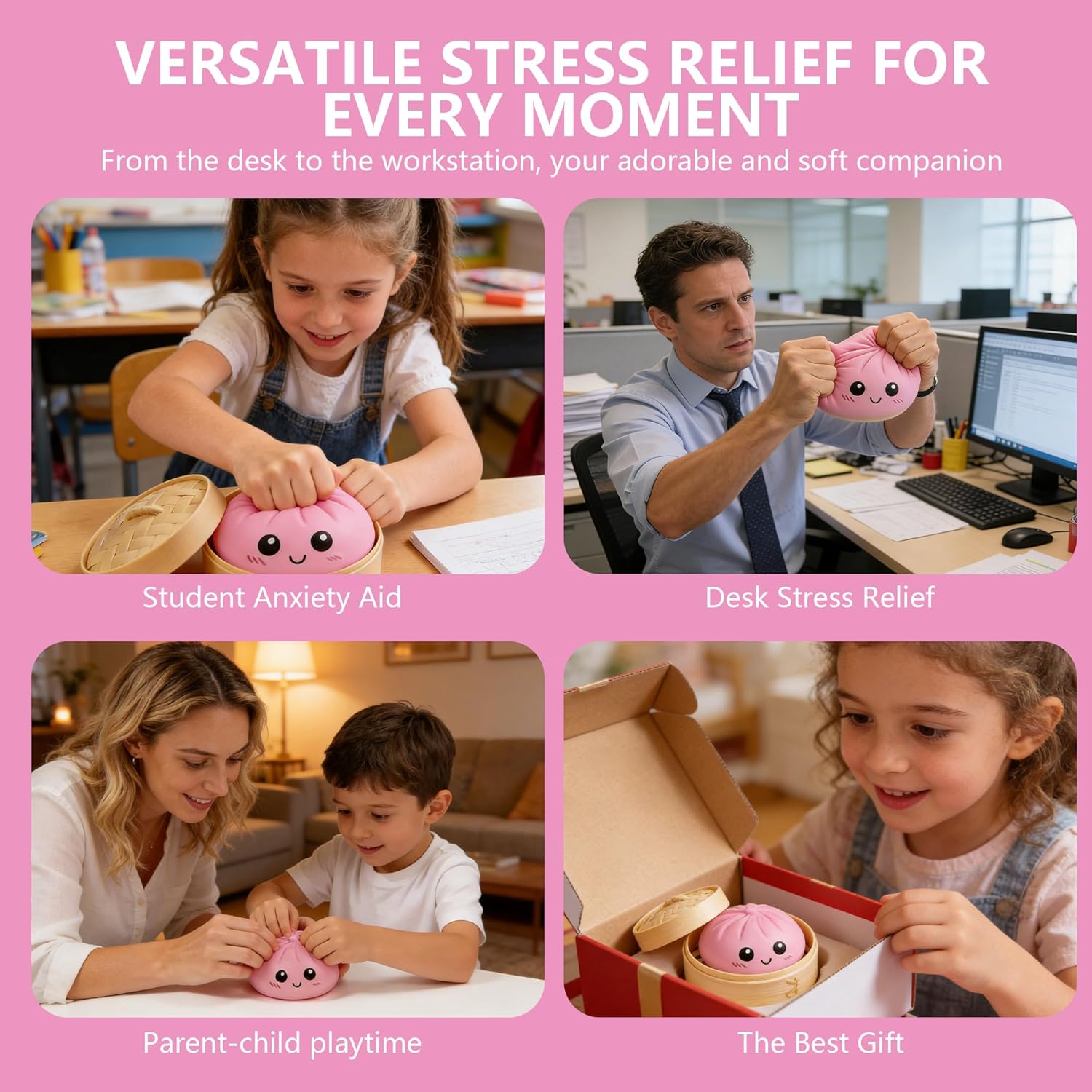 Dumpling Squishies, Colorful Dumplings Stress Balls Fidget Sensory Toy, Easter Basket Stuffers, Stocking Stuffers with Food Steamer Stretchy Desk Toys, Nee Doh Squishy (Pink)