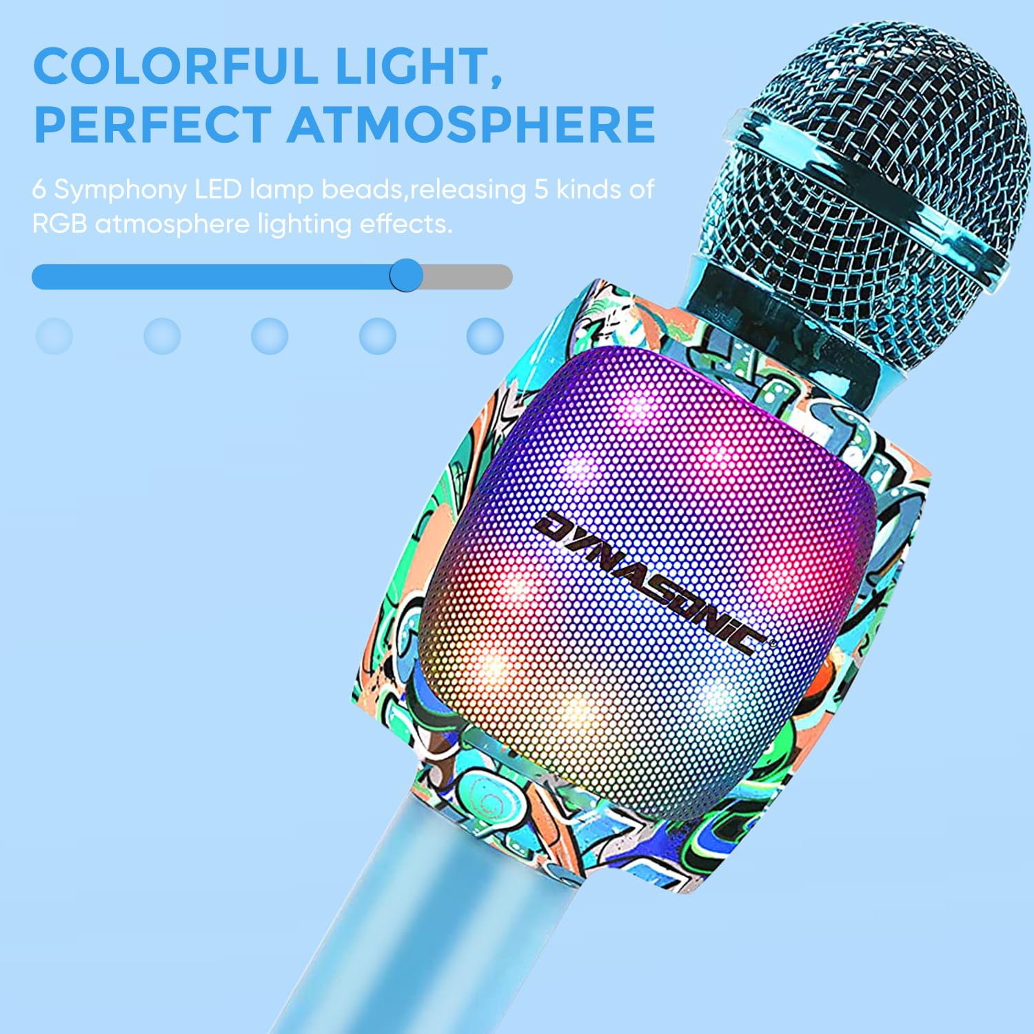 DYNASONIC Microfono per karaoke Bluetooth, giocattoli per bambini e bambine, microfono senza fili, portatile, con luci LED per bambini, regali originali per bambini (DM-05 blu)