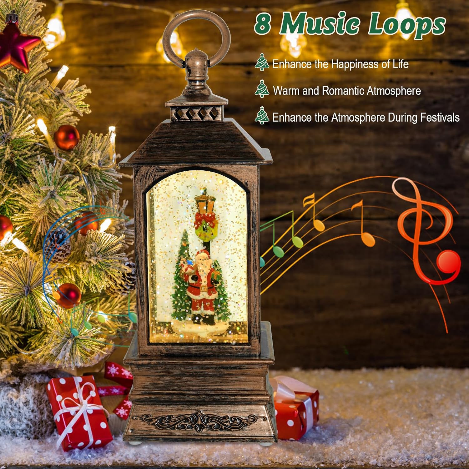 Christmas Snow Globes,Christmas Snow Globe Lantern with Music, USB Powered or Battery Powered, Spinning Glitter Christmas Musical Snow Globe for Thanksgiving Christmas Decorations Indoor