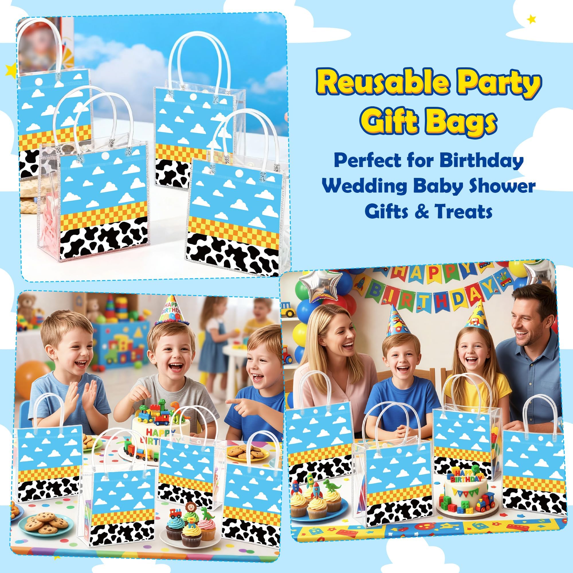 Wood Homing 24PCS Cartoon Story PVC Clear Gift Bag with Handle, Blue Sky White Cloud Cow Reusable Plastic Party Favor Bags for Kids, Toy Inspire Game Themed Goodie Bags Baby Shower Birthday Decoration