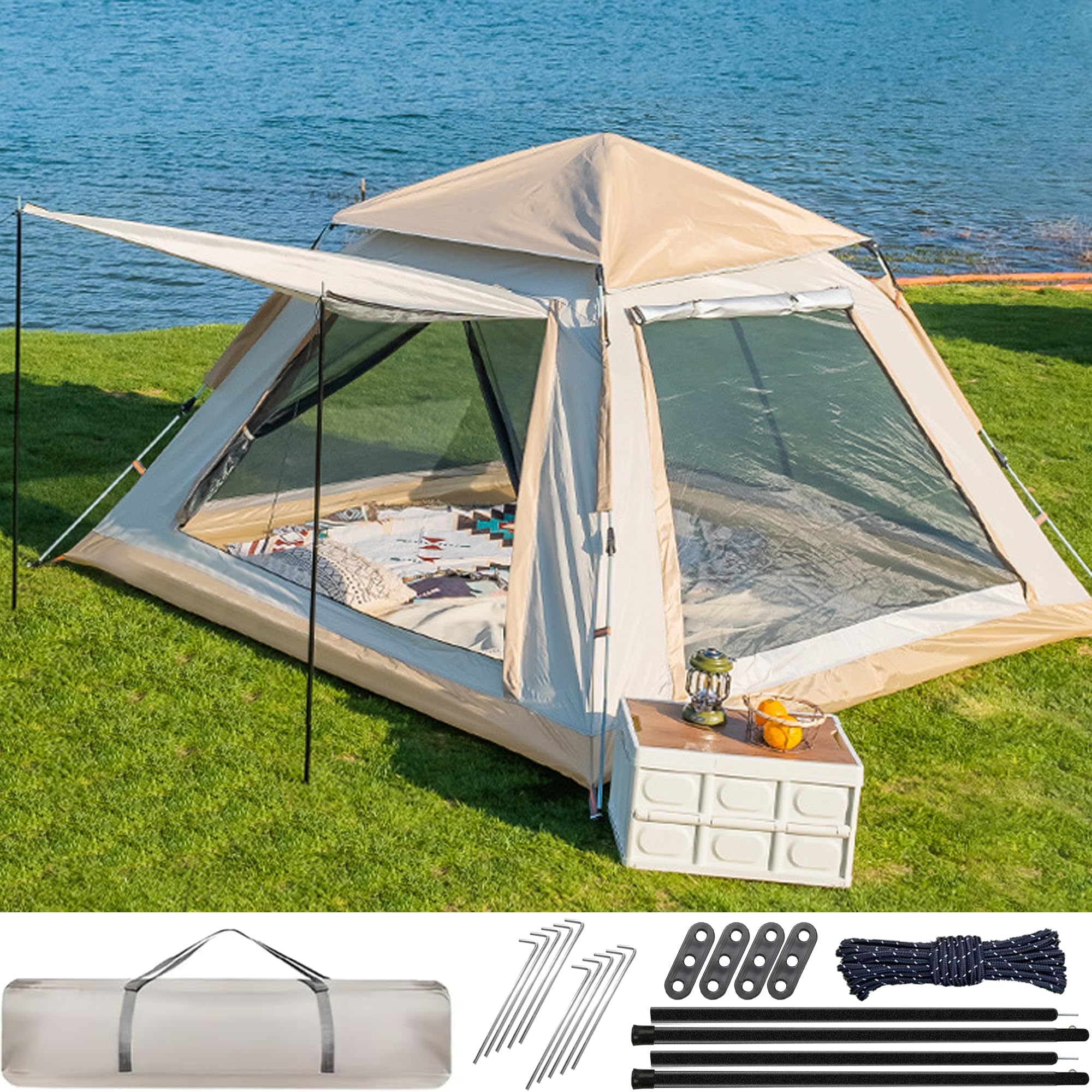 Camping Tent, Portable Large Camp Tents with Travel Carry Bag, 4/6/8 Family People Pop Up Tent Outdoor Car Camping, Included Tent Gear Loft Organizer for Camping Accessories