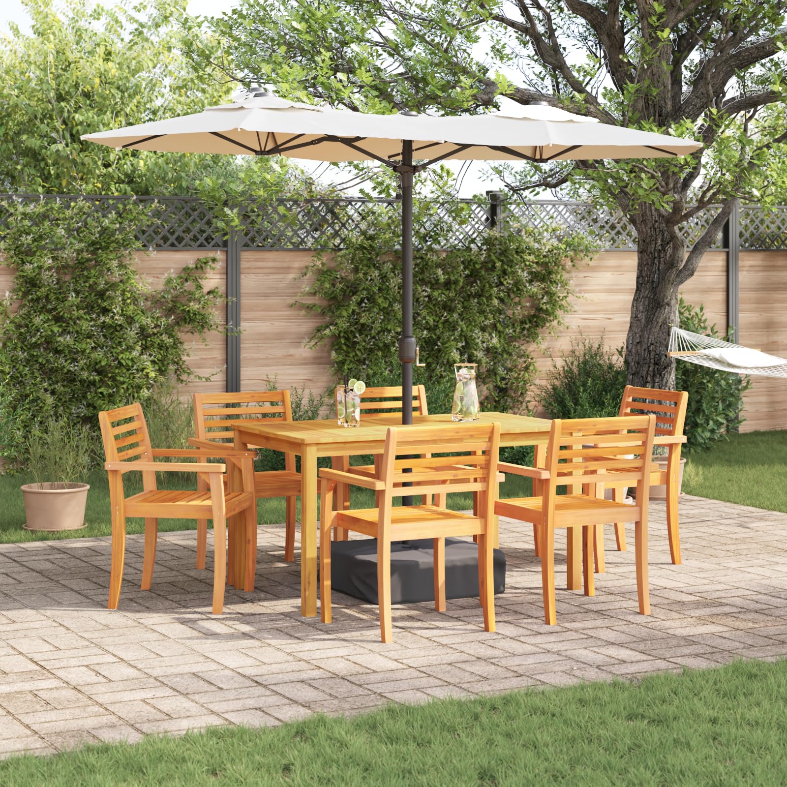 Set da Giardino 7 Pezzi in Legno Massello di Acacia Tavolo Rettangolare con Sedie per Esterno Balcone Pranzo all'Aperto Resistente e Comodo