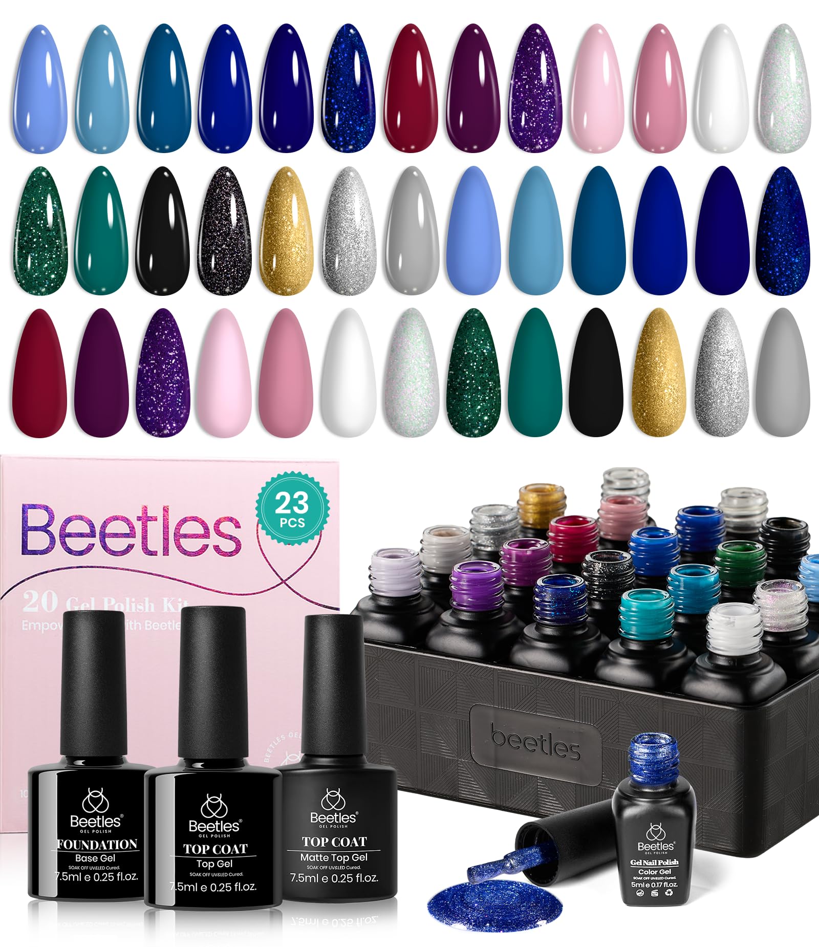 Beetles Gel Nail Polish Kit 20 Pieces Celestial Collection with 3 x Base Gel Top Coat, Black White Blue Purple Green Gel Polish Soak Off U V LED Gel Essential Kit Gifts for Women