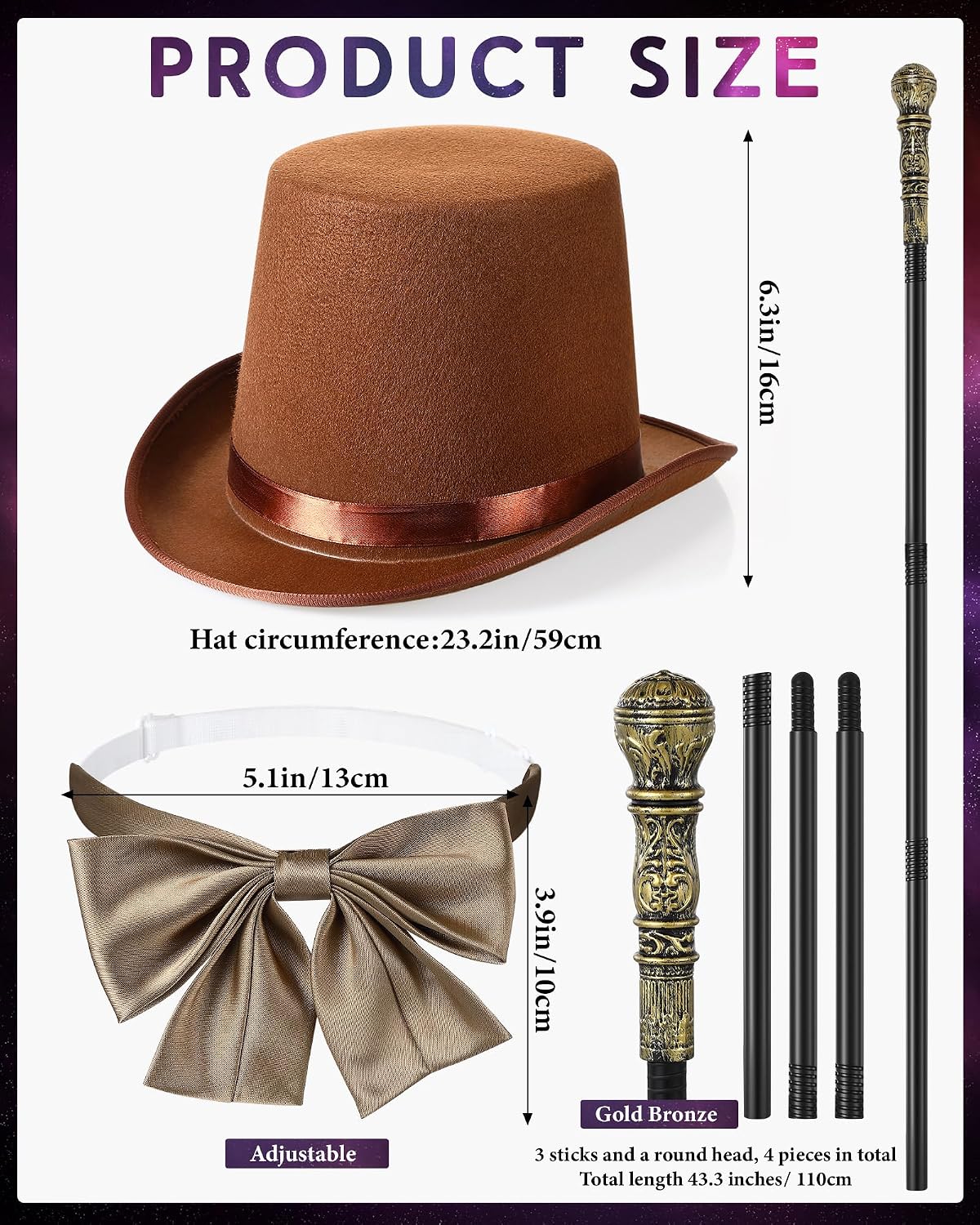 Mepase 3 Pcs Brown Top Hat Halloween Costume Set with Walking Cane Bow Tie