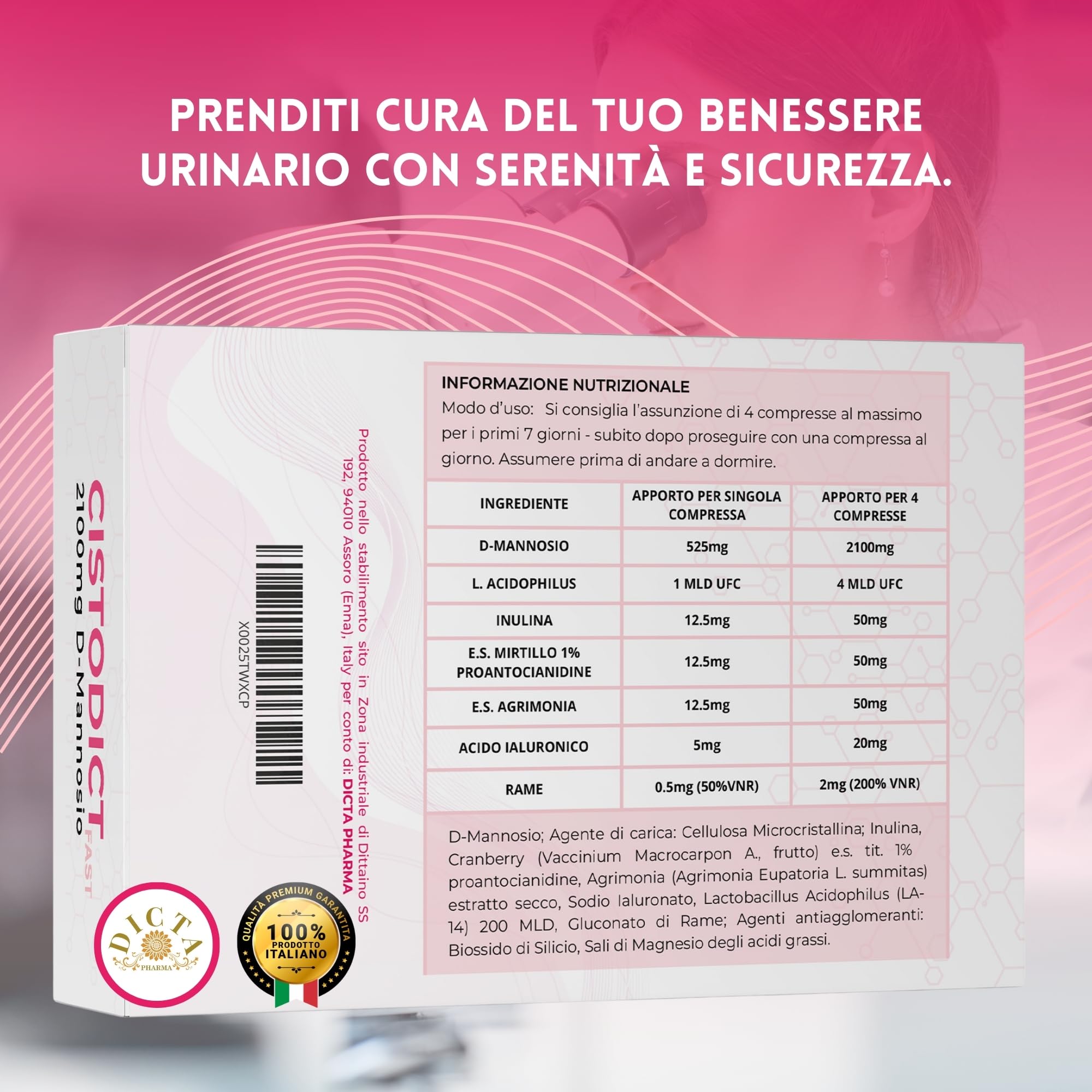 D Mannosio Puro Cistite 2100mg per Vie Urinarie Donna 60 cpr - con Mirtillo Rosso, Agrimonia, Lactobacillus e Inulina, Acido Ialuronico e Rame