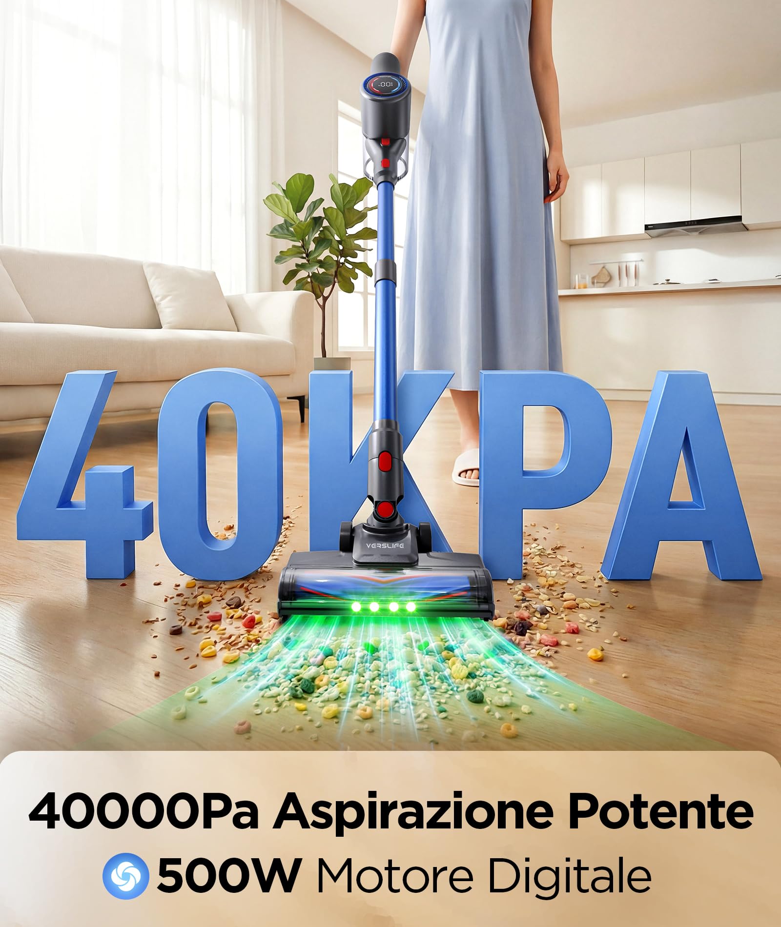 VersLife Z8 Aspirapolvere Senza Fili 40KPa, Scopa Elettrica Leggera con Filtro HEPA, Luce LED Verde, Autonomia 45 Min, Design Autoportante, per Pavimenti Duri, Tappeti e Peli di Animali
