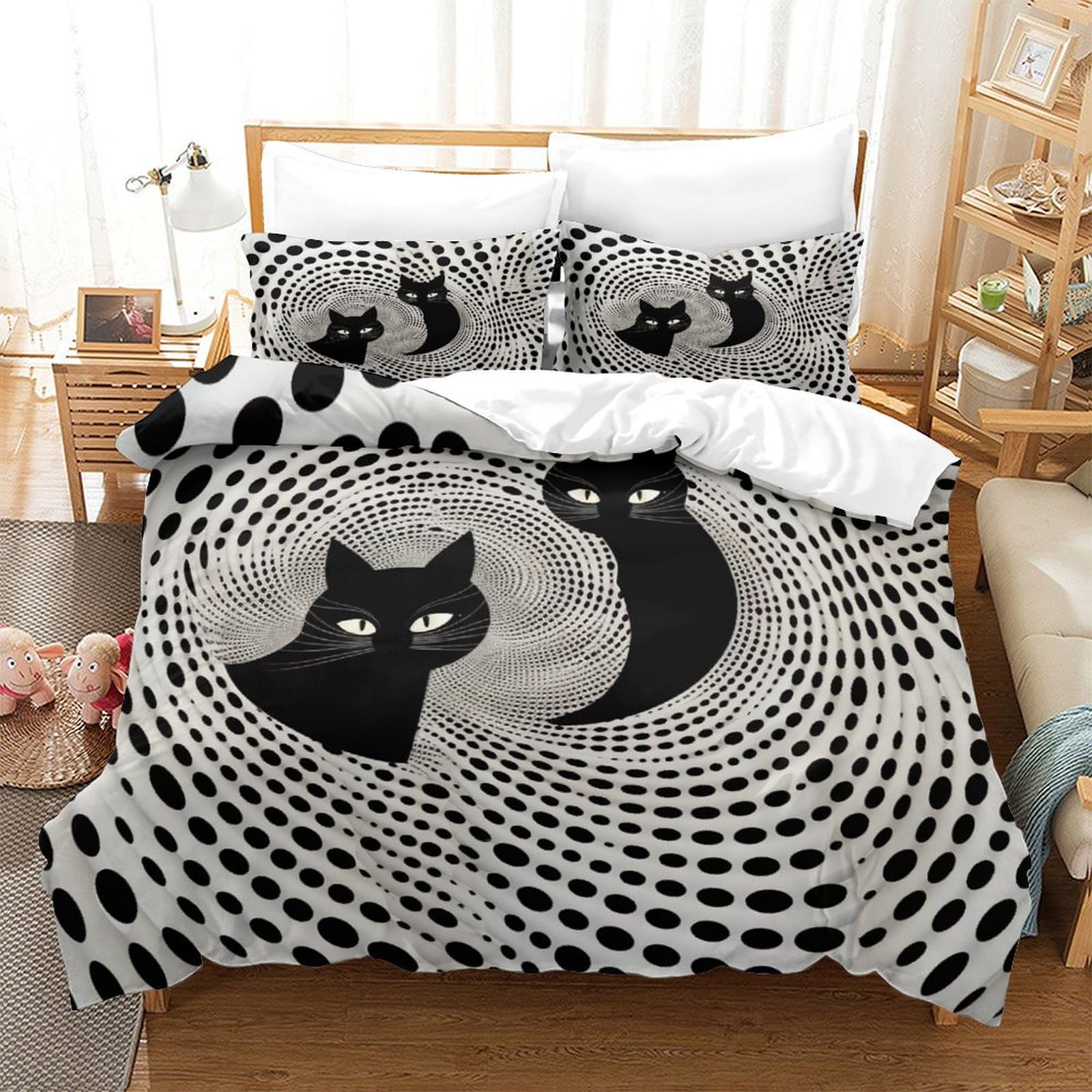 P1S9U7W5Y 3D Printed Black Cat Dot Duvet Cover Set 3pcs Microfiber Cat Bedding Set King