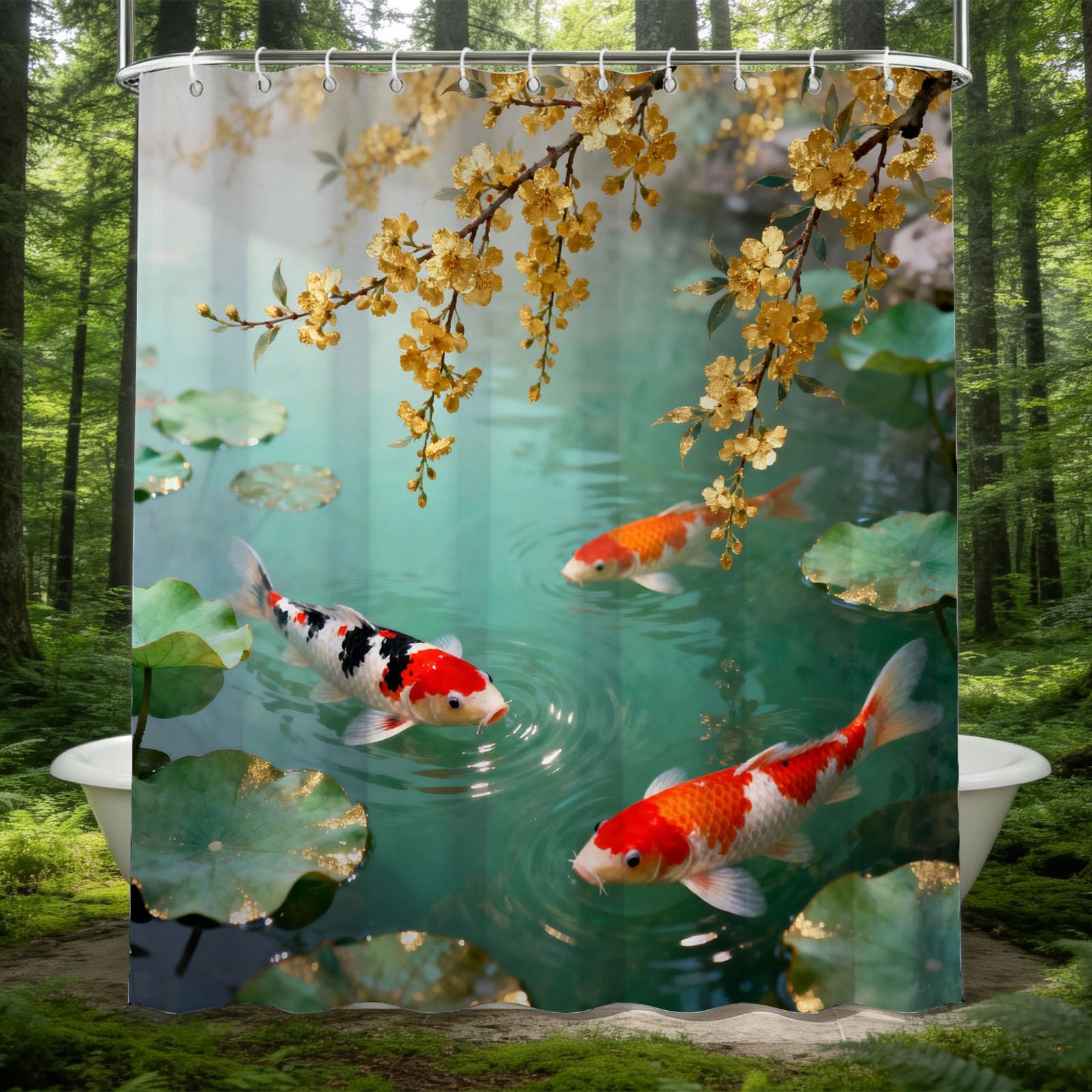 Hongduo 3D Koi Lotus Shower Curtain for Stalls Bathtubs Ink Wash Style Bathroom Decor Shower Curtain Set Polyester Fabric Waterproof 180x180cm/71X71 Inch with Hooks