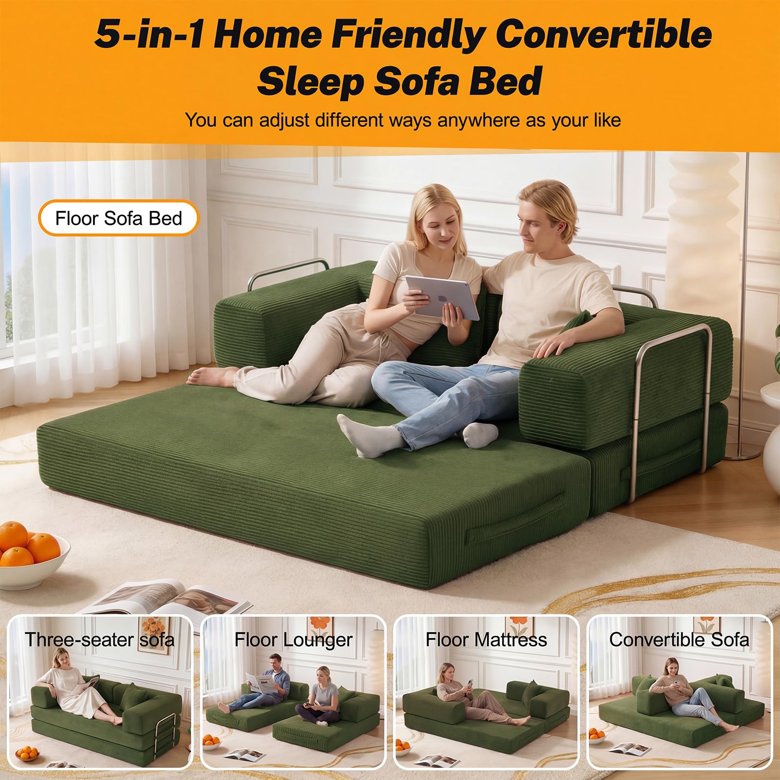 Vipbear Premium 5-in-1 Vielseitiges Rahmenloses Sofa, 160 cm, Ergonomisch Verwandelbarer 3-Sitzer mit Memory-Schaum, Ausklappbares Schlafsofa fürs Wohnzimmer