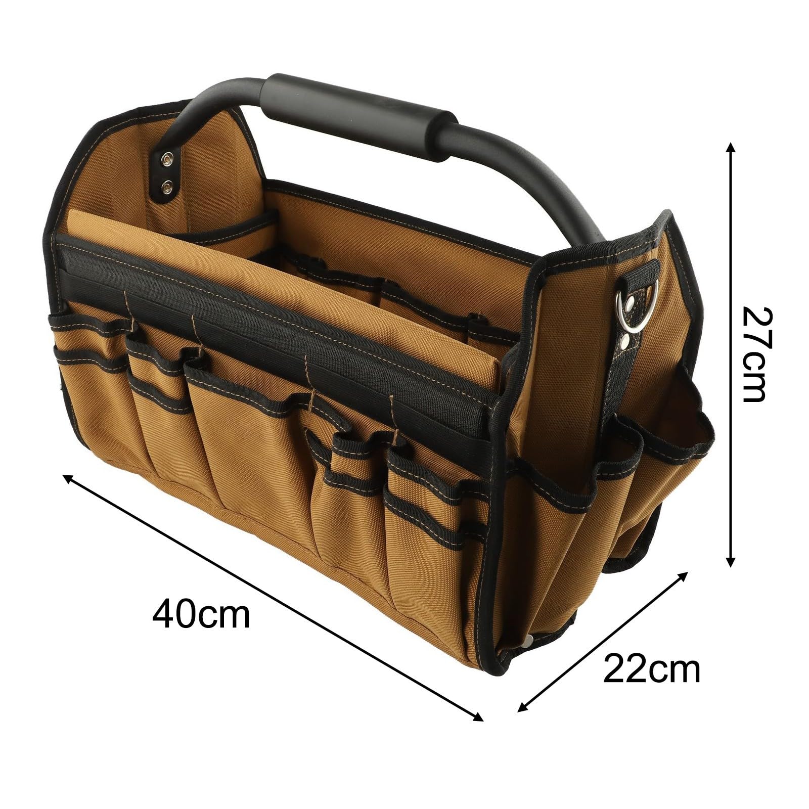 ZYWUOY Sac à outils robuste en tissu Oxford avec base rigide, 21 poches, poignées renforcées et bandoulière, rangement en polyester 900D pour électriciens, plombiers, mécaniciens, marron et noir