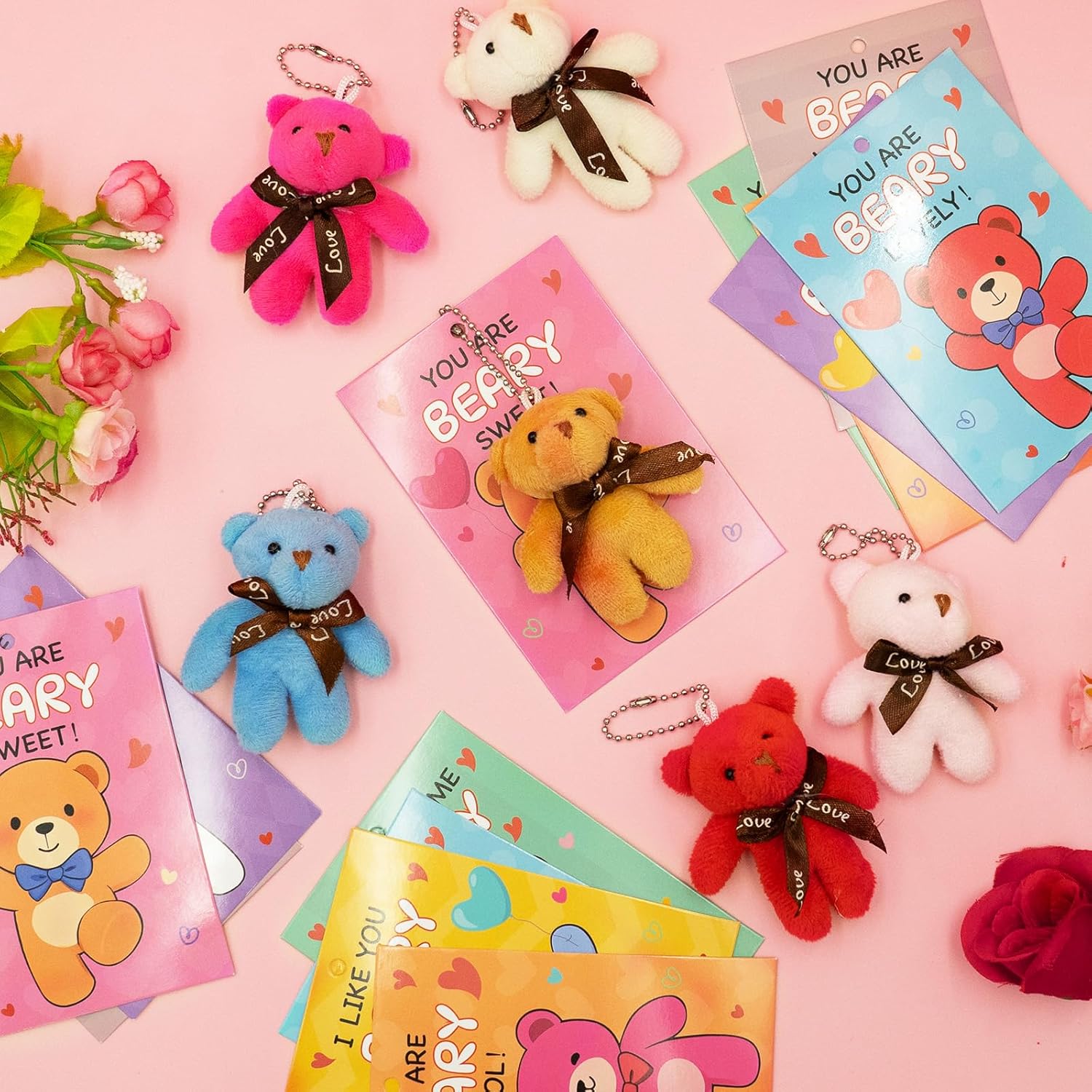 Easter Gift Cards with Plush Bears, 28 Pack Classroom Exchange Gifts for Kids, Easter Party Favors, School Prizes with 7 Cute Card Designs