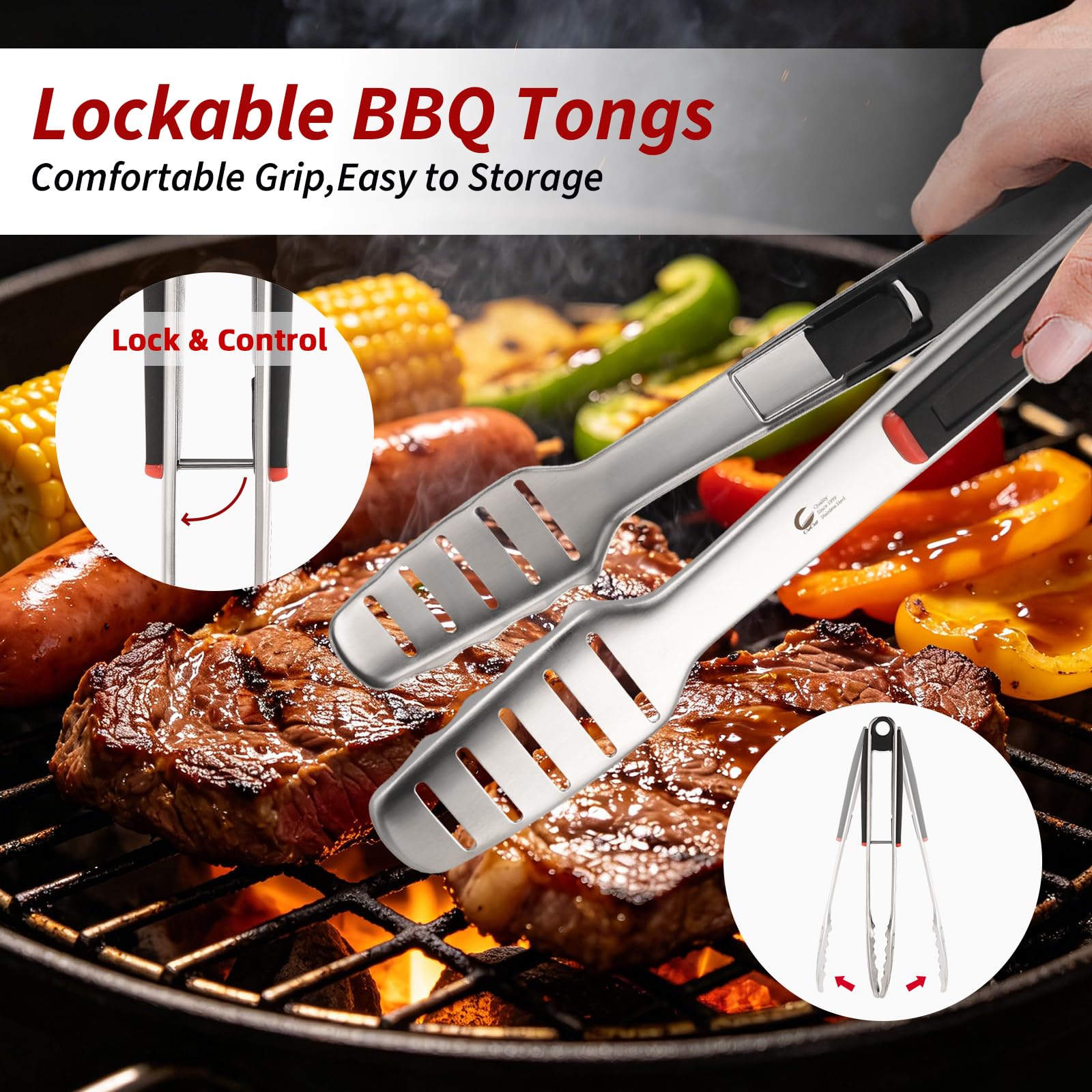 JJ19627 - Juego de herramientas para barbacoa, espátula, tenedor y pinzas de acero inoxidable, con bolsa portátil, accesorios esenciales para barbacoa y parrilla, regalos de cocina para hombres