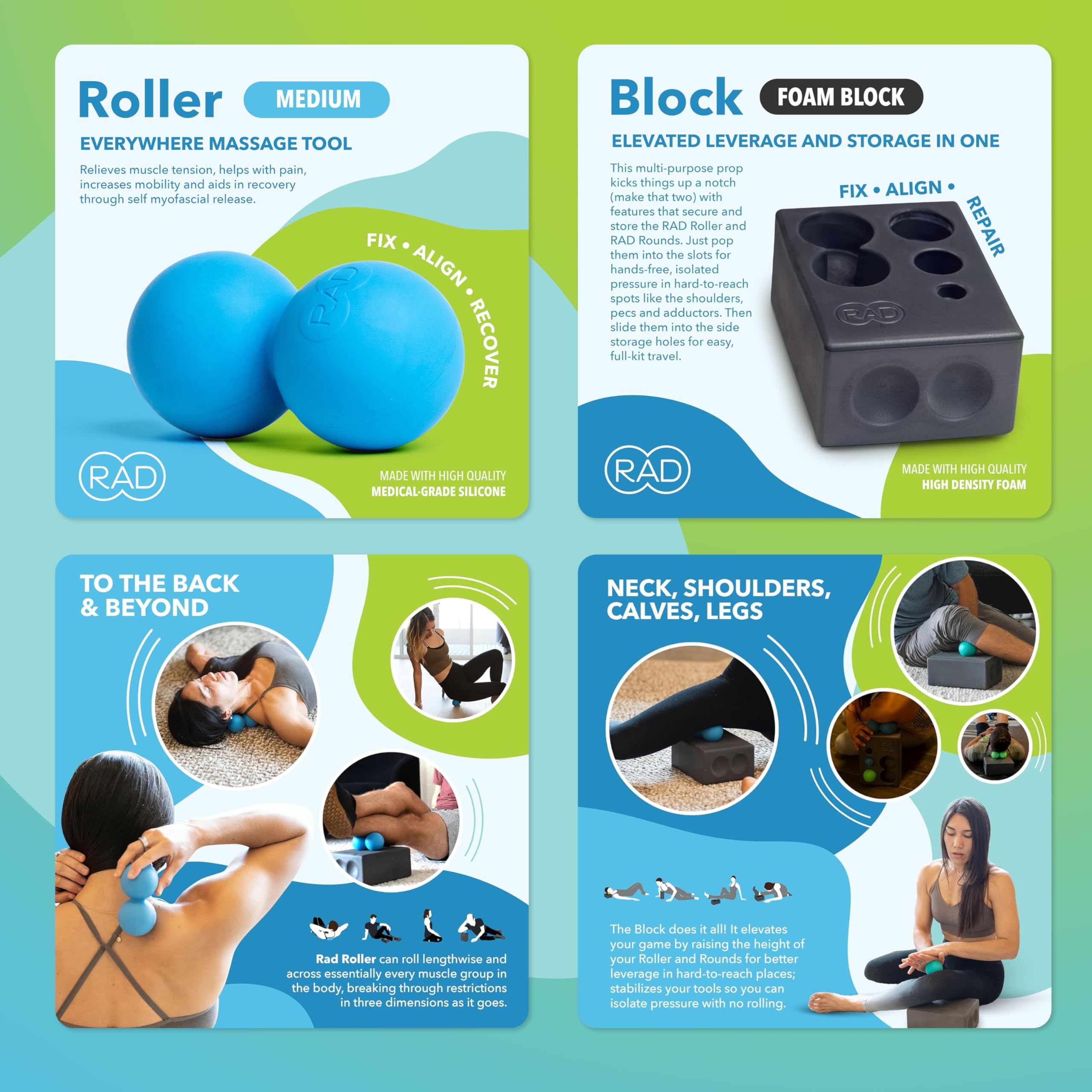 RAD Yoga-Bundle für myofasziale Entspannung, Muskelerholung & Entspannung - Enthält Mehrzweck-Yoga-Block, Neuroball-Fußrolle, Erdnuss- und Massagebälle in mehreren Größen und Dichten