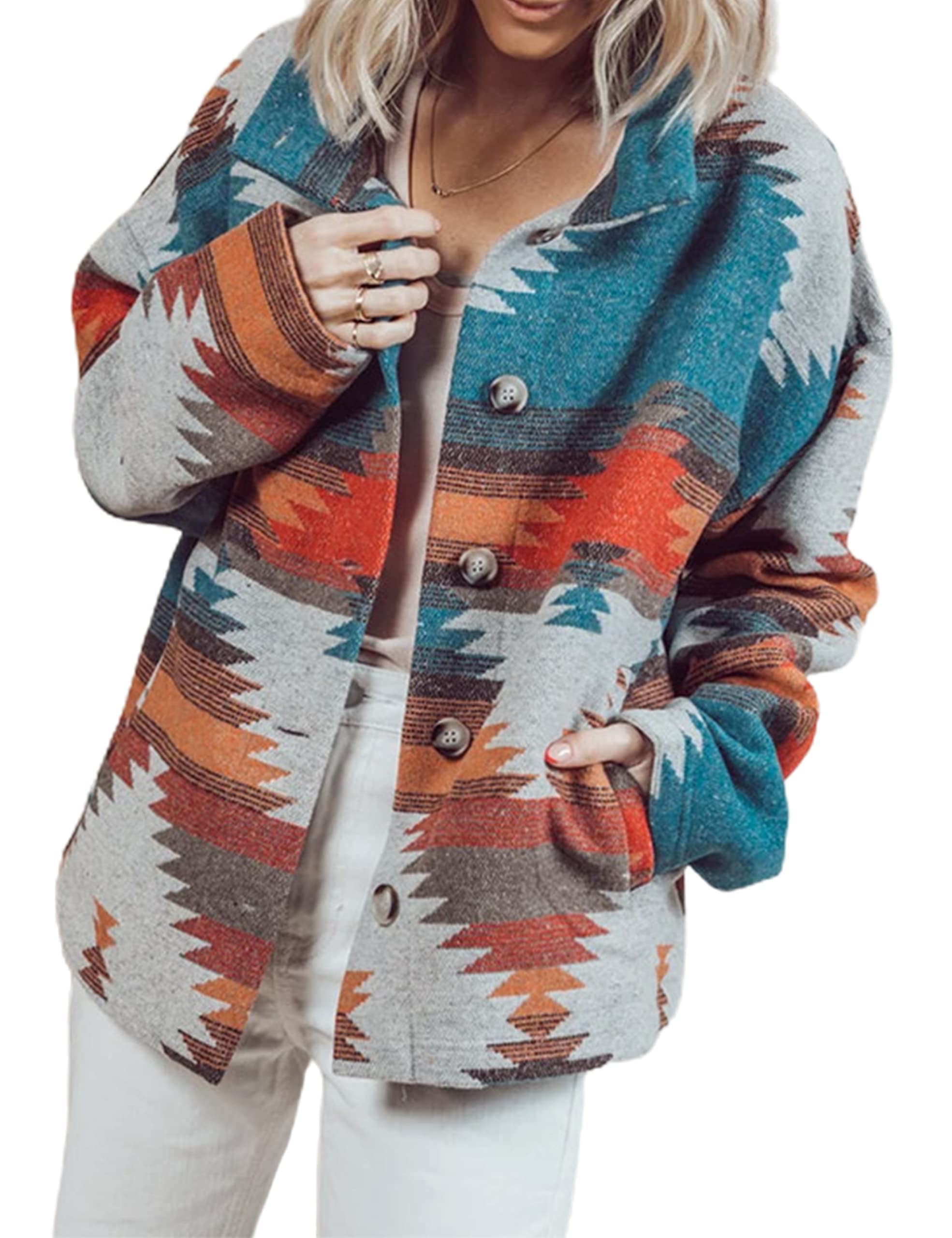 Yidarer Women's Denim Aztec Jacket Lapel Long Sleeve Vintage Button Down Denim Jacket