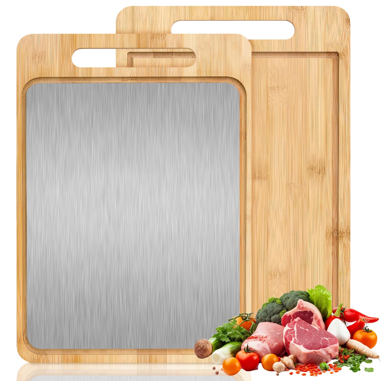 Mittimiya Tabla de cortar 2 en 1 de doble cara de bambú y acero inoxidable 304, tabla de cortar grande antideslizante con ranura para zumo, duradera y fácil de limpiar para carne, verduras y frutas